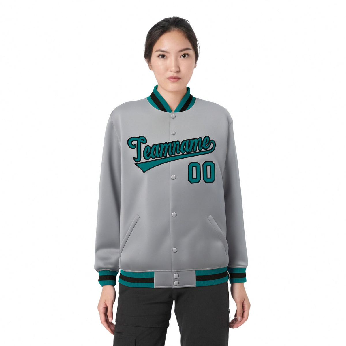 Custom Gray Aqua-Black Bomber Full-Snap Varsity Letterman Jacket