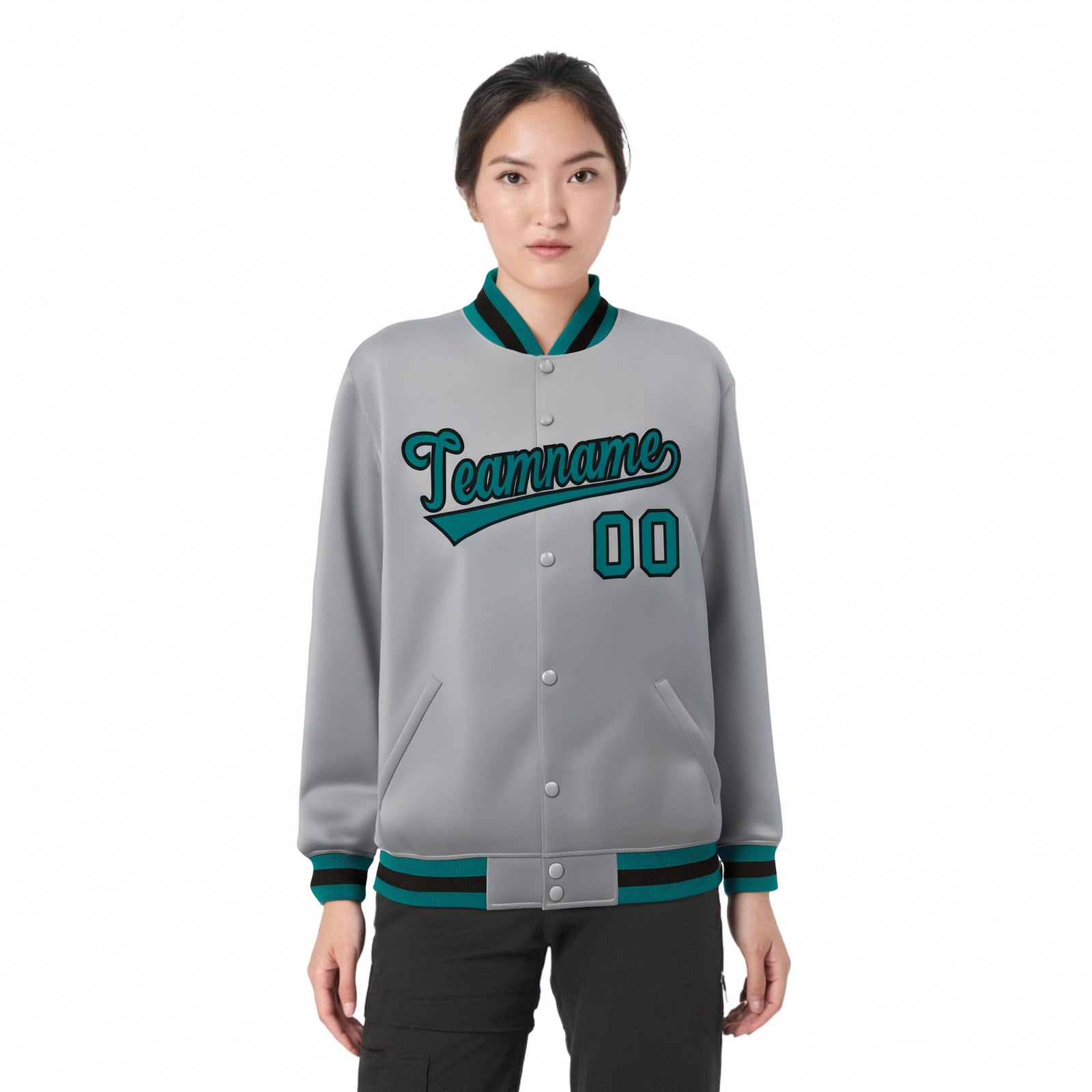 Custom Gray Aqua-Black Bomber Full-Snap Varsity Letterman Jacket