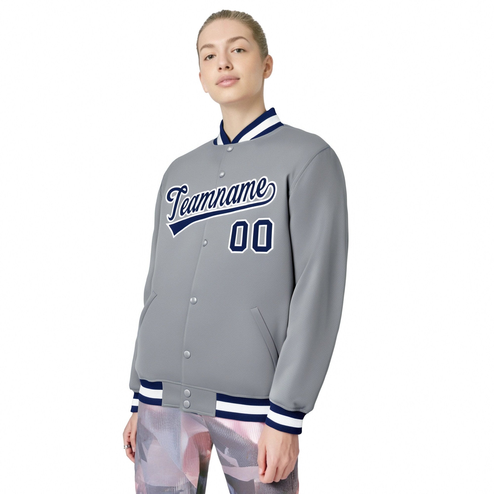 Custom Gray Navy-White Bomber Full-Snap Varsity Letterman Jacket