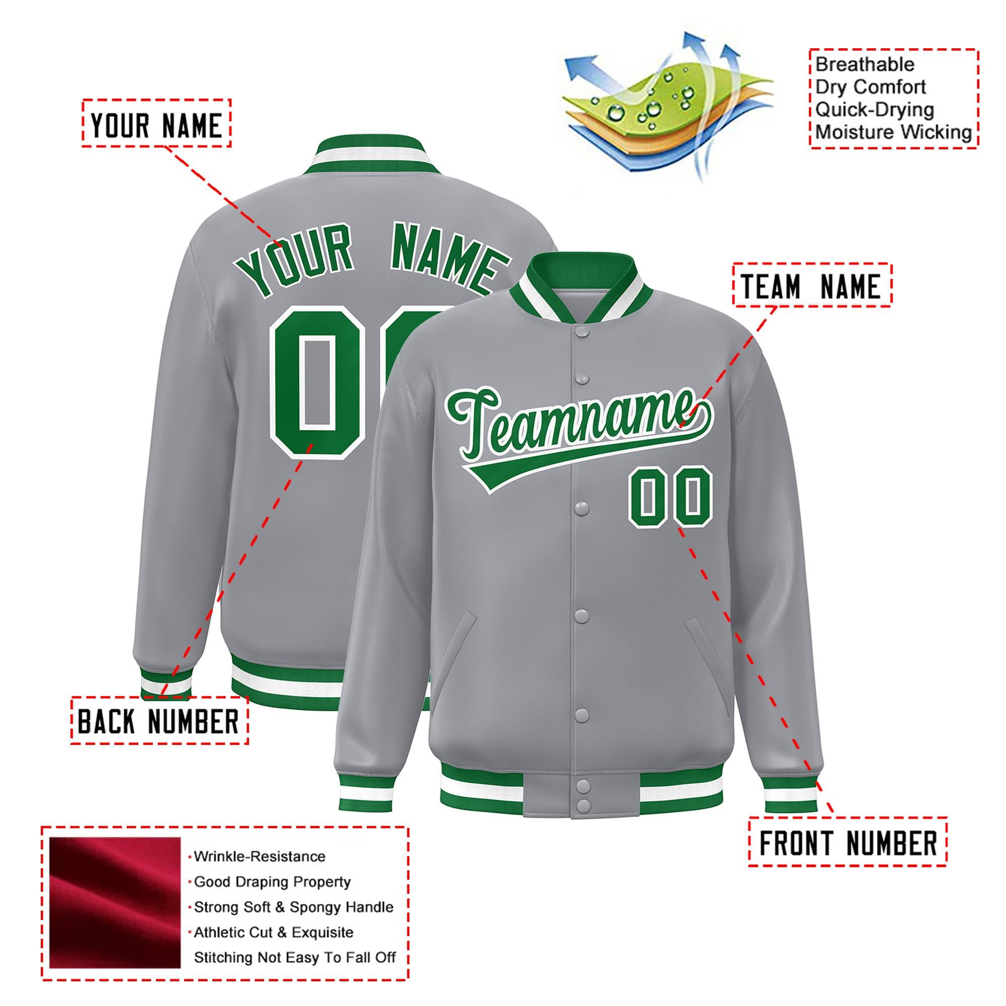 Custom Gray Neon-Green White Bomber Full-Snap Varsity Letterman Jacket