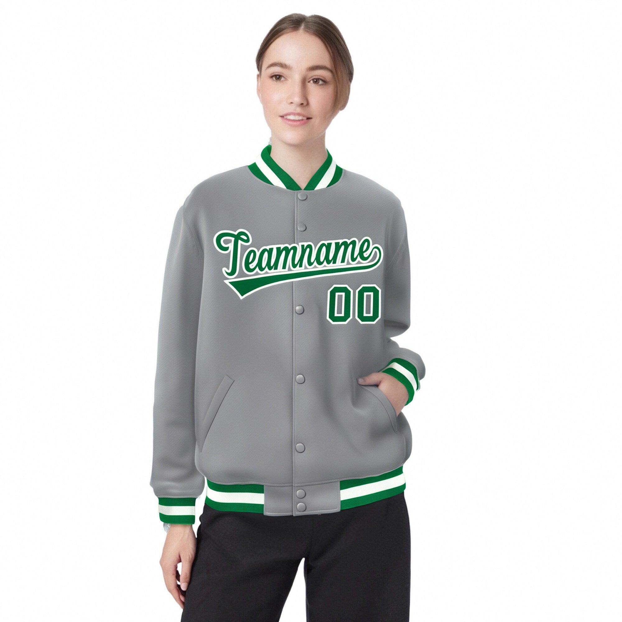 Custom Gray Neon-Green White Bomber Full-Snap Varsity Letterman Jacket