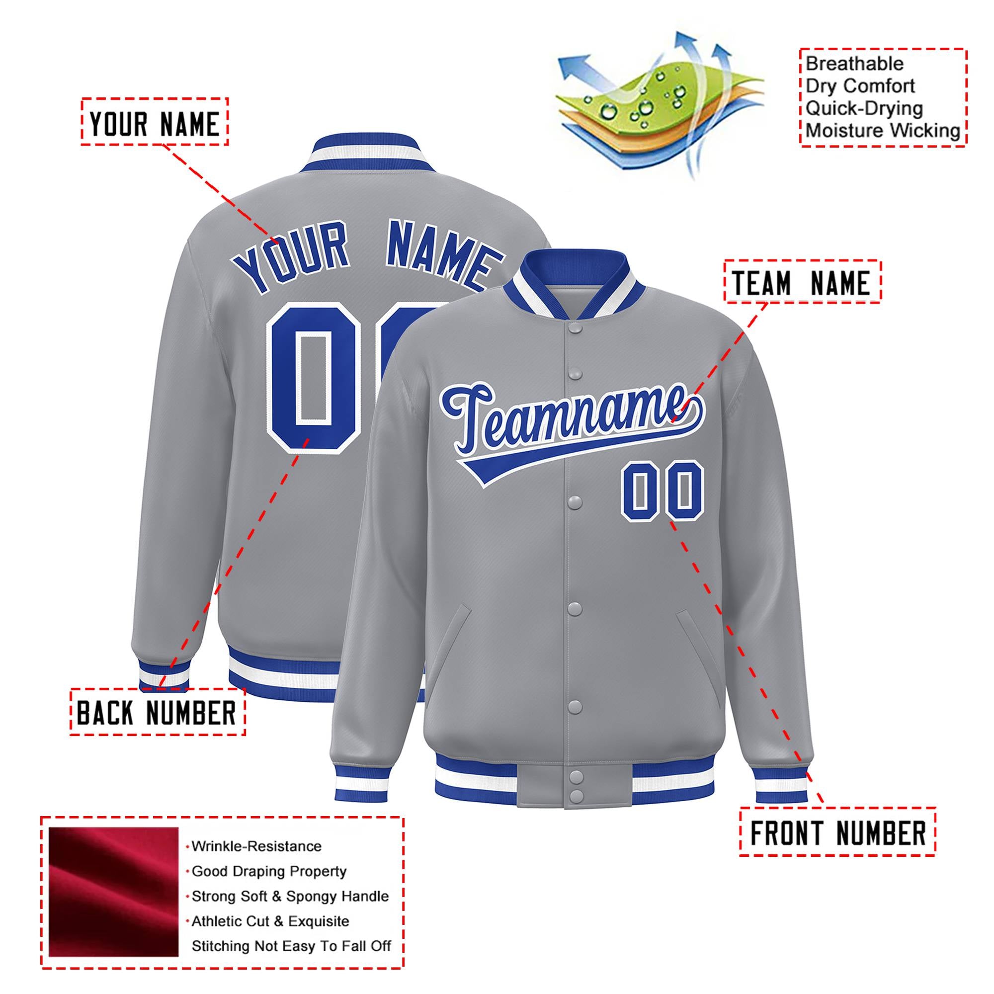 Custom Gray Royal-Blue White Bomber Full-Snap Varsity Letterman Jacket