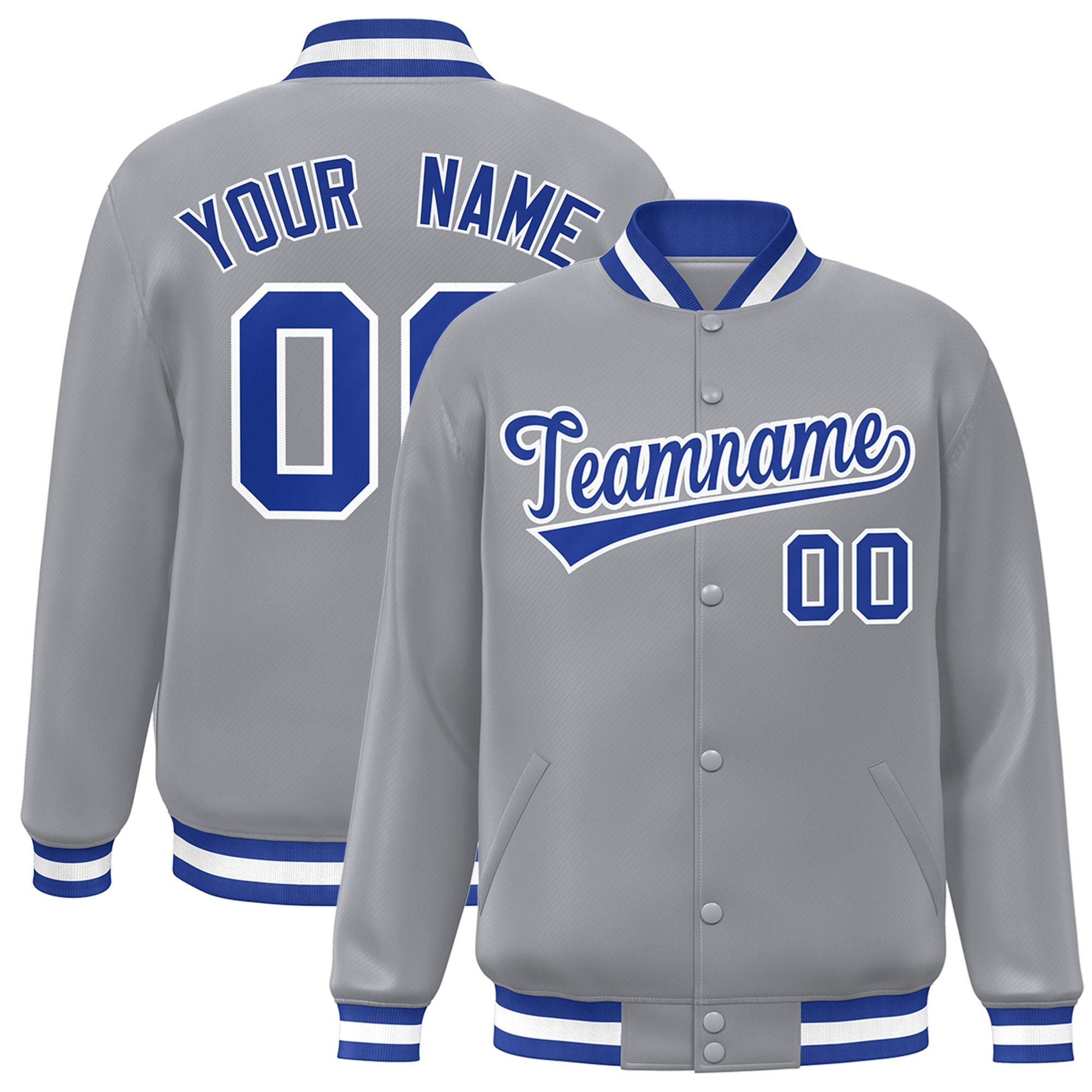 Custom Gray Royal-Blue White Bomber Full-Snap Varsity Letterman Jacket