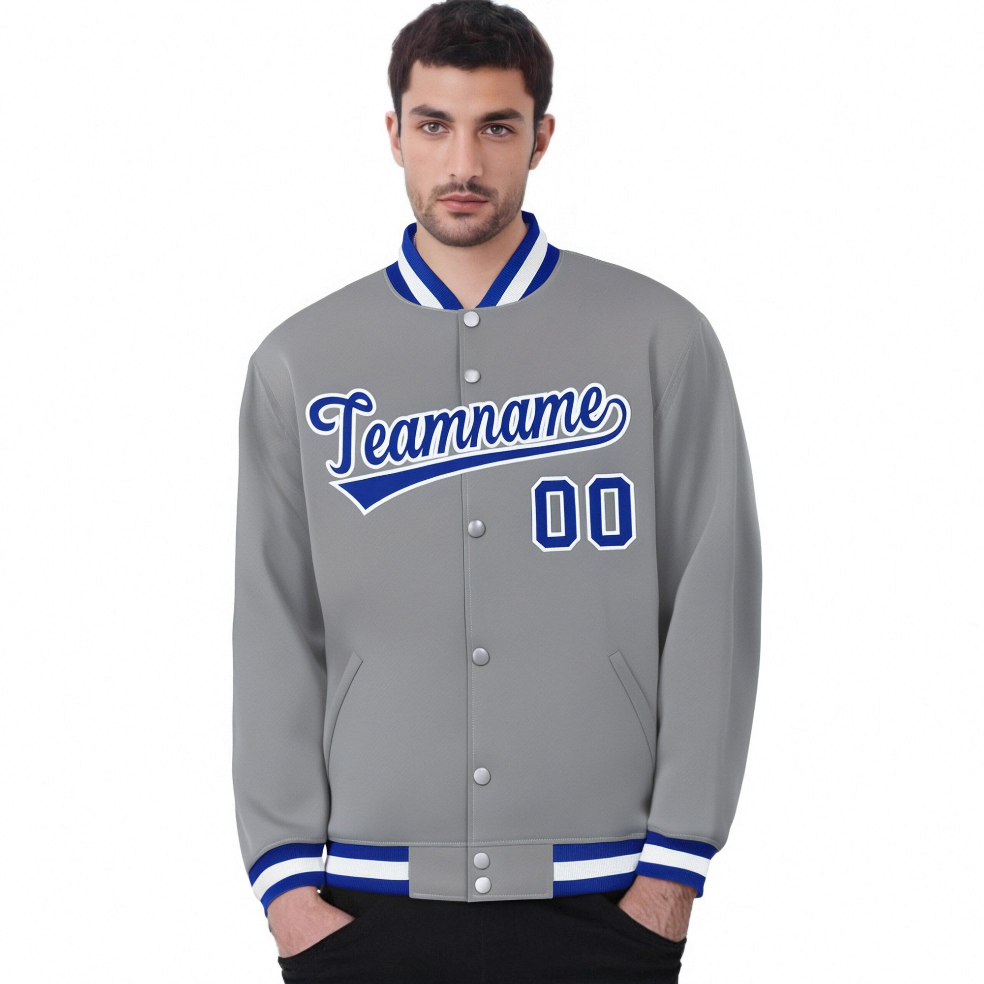 Custom Gray Royal-Blue White Bomber Full-Snap Varsity Letterman Jacket