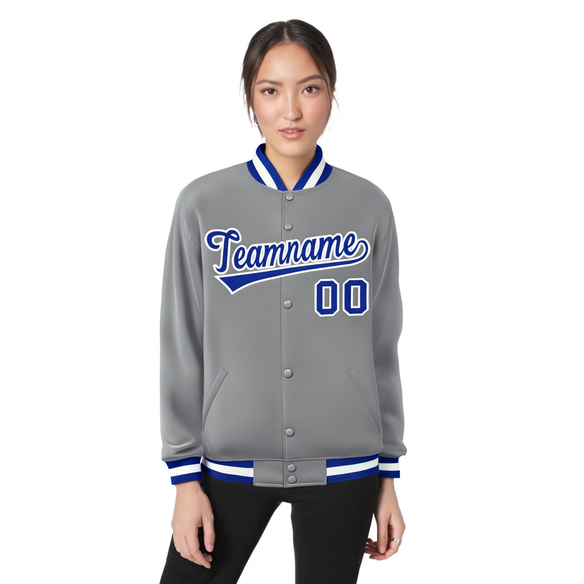 Custom Gray Royal-Blue White Bomber Full-Snap Varsity Letterman Jacket