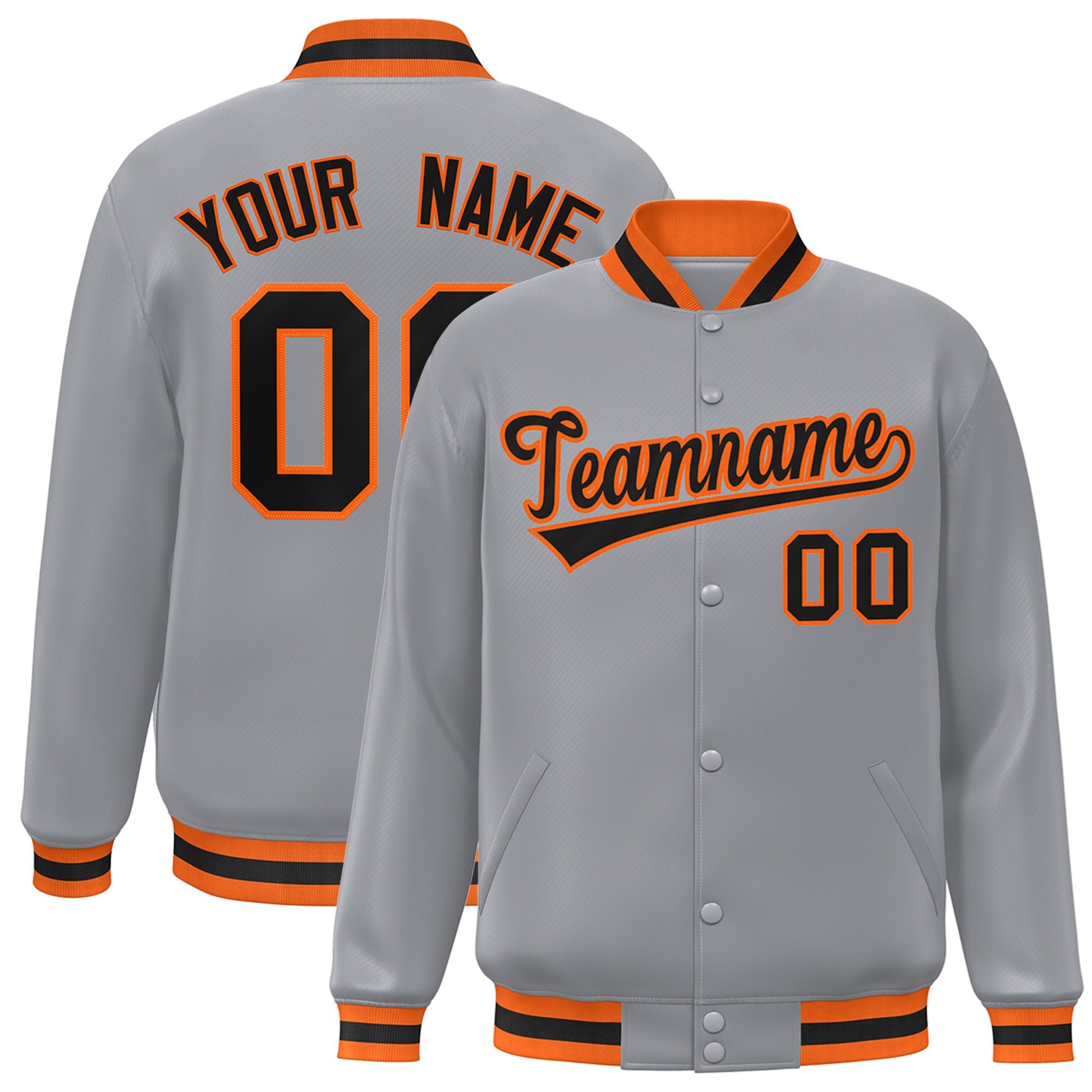 Custom Gray Black-Orange Bomber Full-Snap Varsity Letterman Jacket