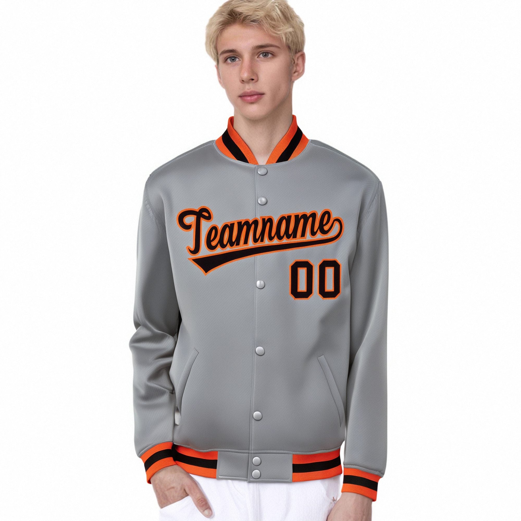 Custom Gray Black-Orange Bomber Full-Snap Varsity Letterman Jacket