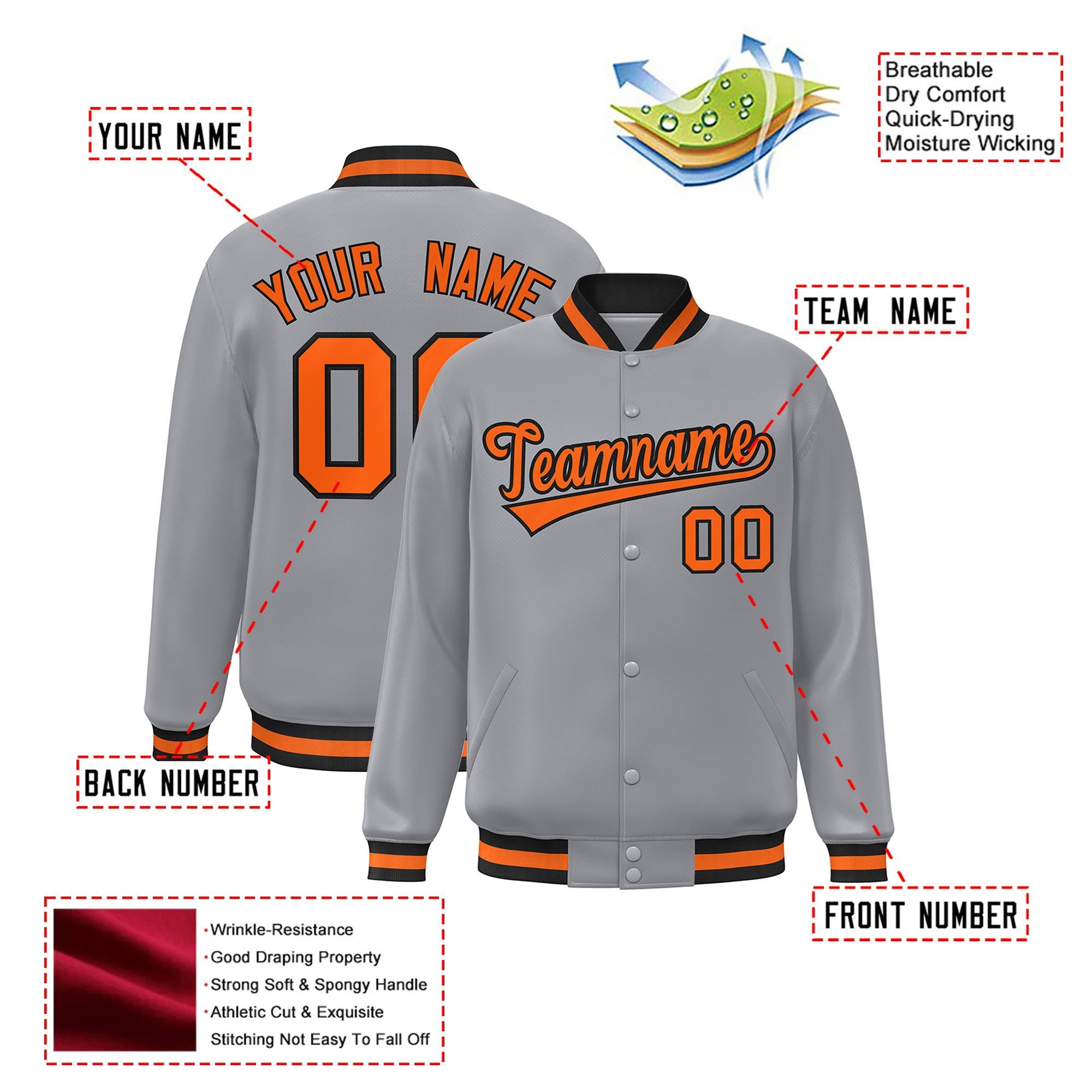 Custom Gray Orange-Black Bomber Full-Snap Varsity Letterman Jacket