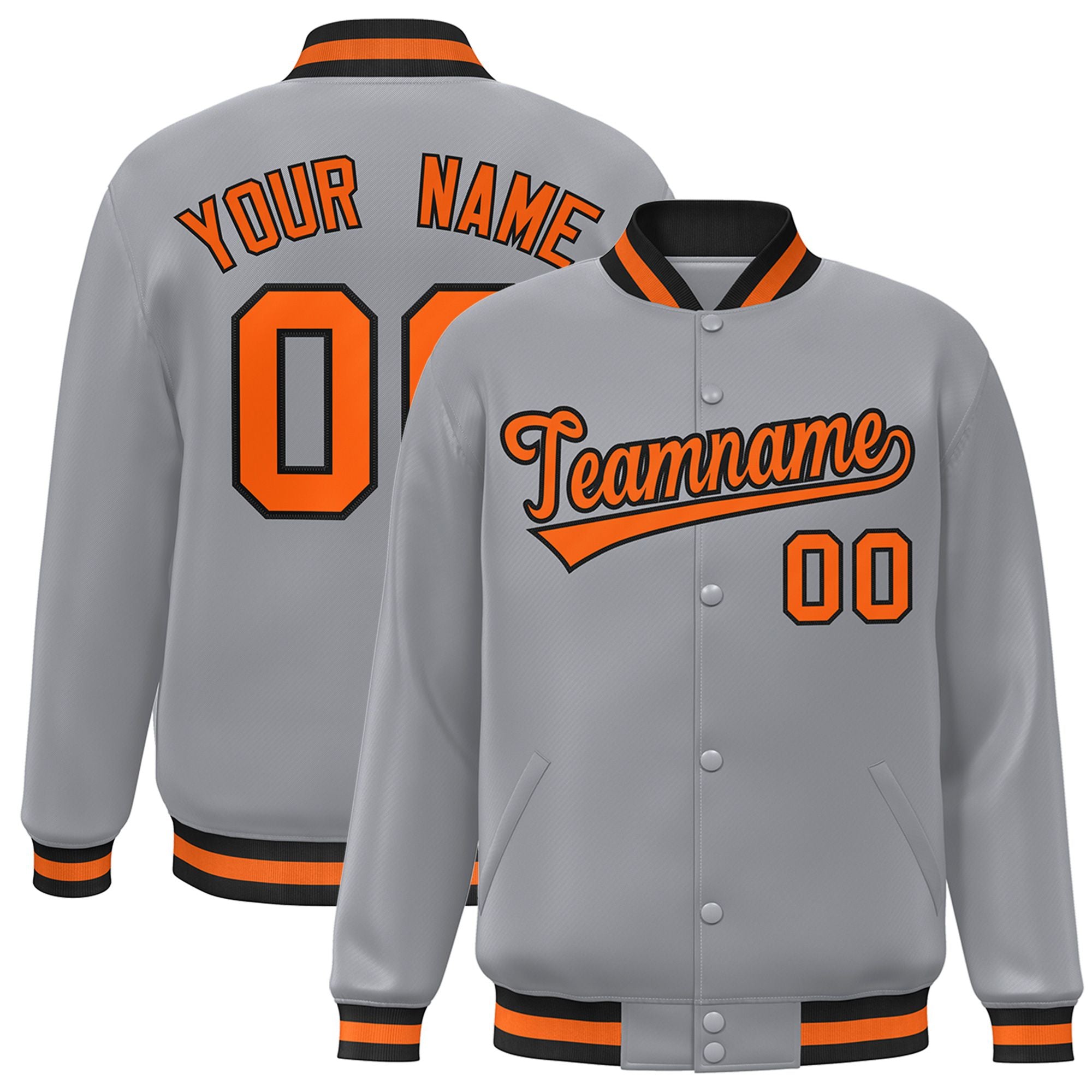 Custom Gray Orange-Black Bomber Full-Snap Varsity Letterman Jacket