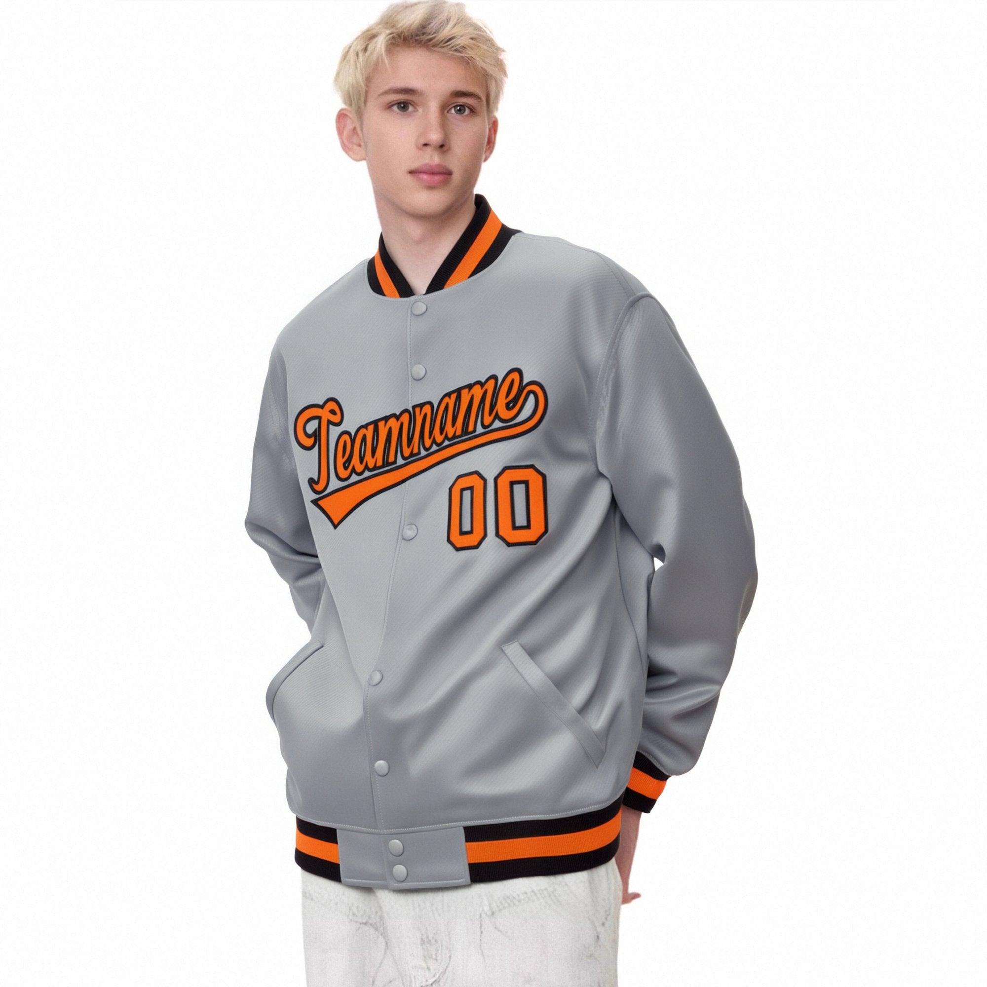 Custom Gray Orange-Black Bomber Full-Snap Varsity Letterman Jacket