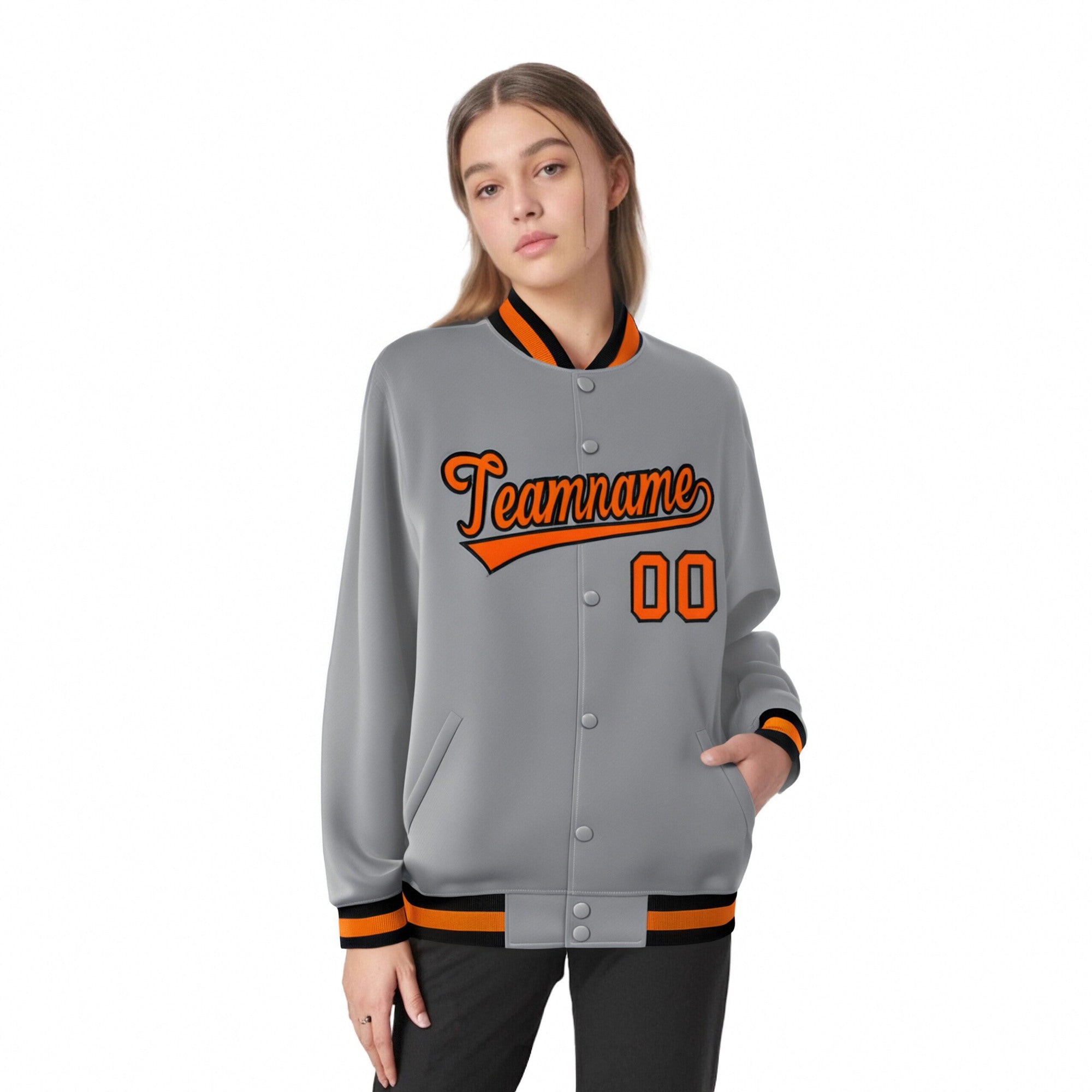 Custom Gray Orange-Black Bomber Full-Snap Varsity Letterman Jacket