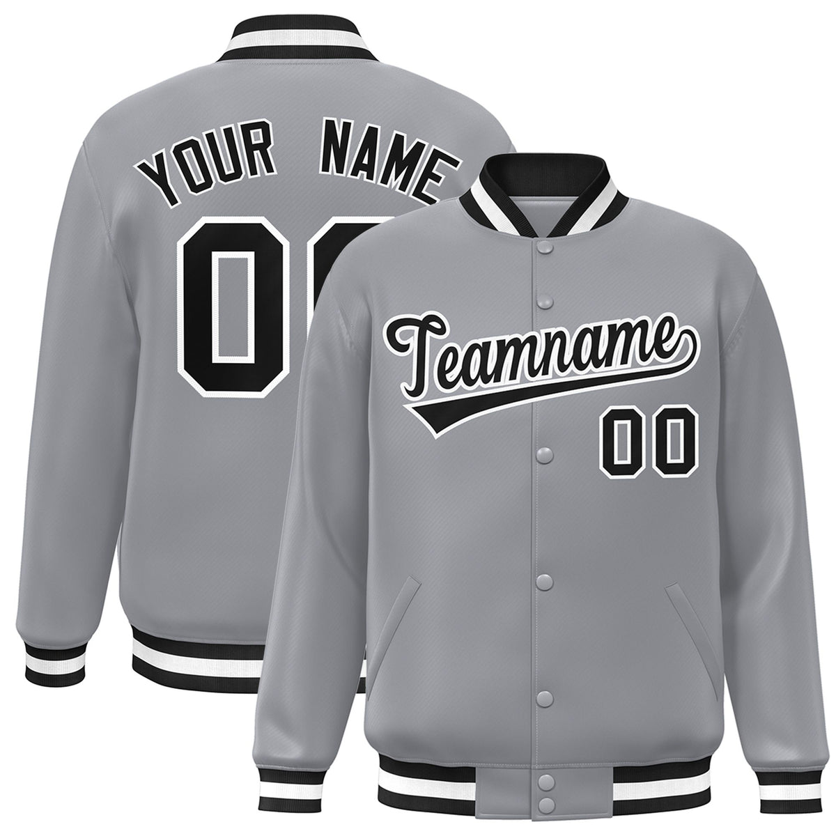 Custom Gray Black-White Bomber Full-Snap Varsity Letterman Jacket