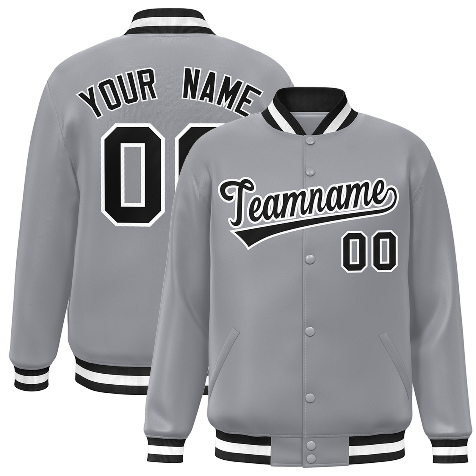 Custom Gray Black-White Bomber Full-Snap Varsity Letterman Jacket