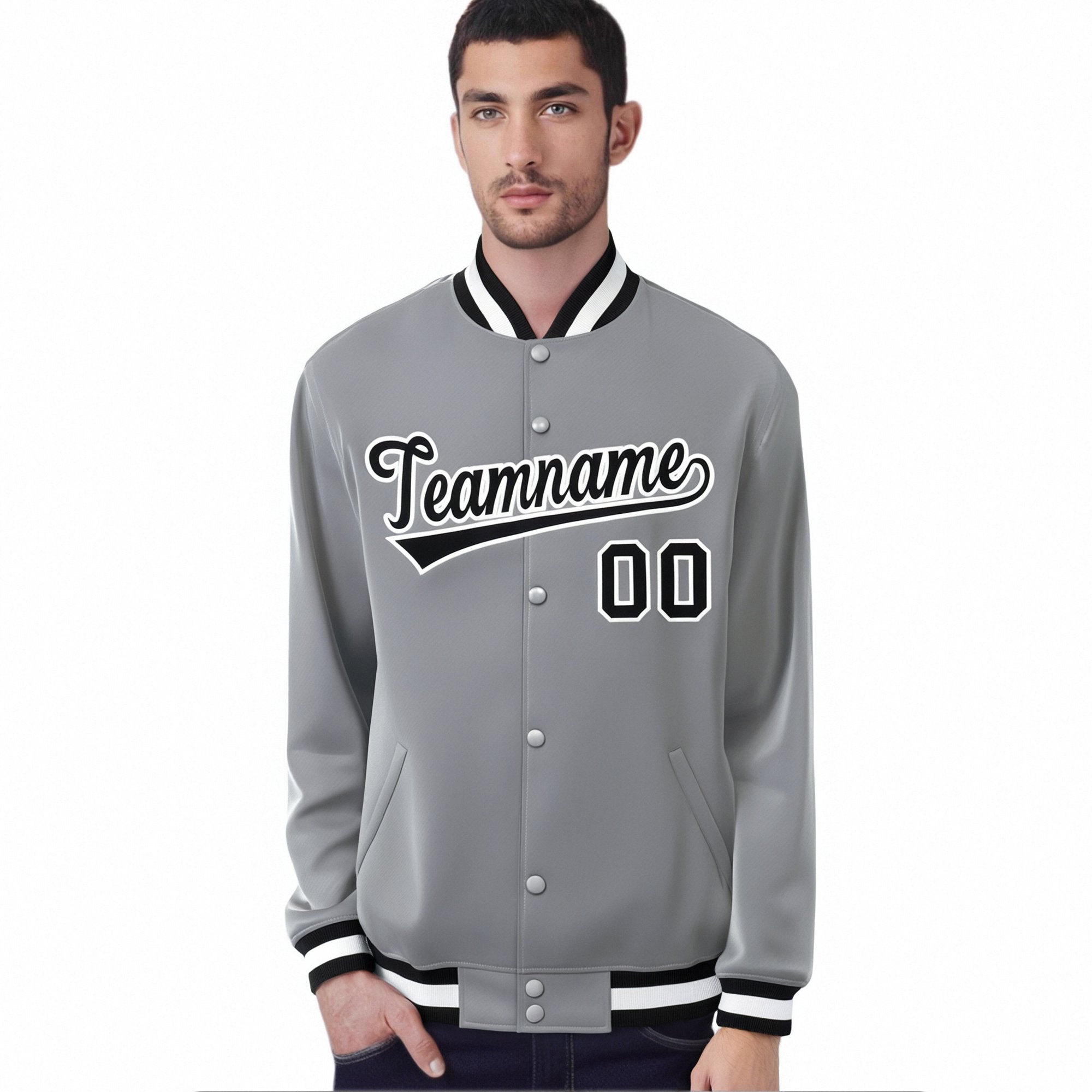 Custom Gray Black-White Bomber Full-Snap Varsity Letterman Jacket