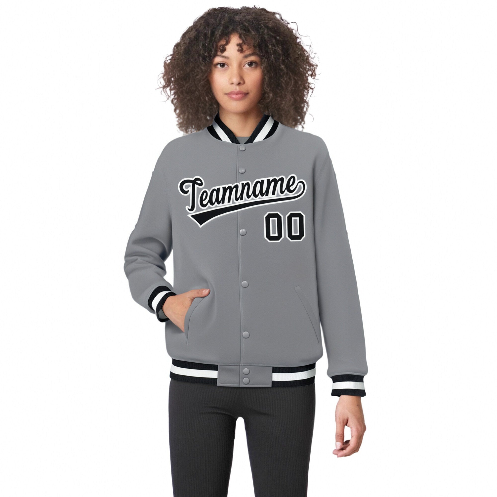 Custom Gray Black-White Bomber Full-Snap Varsity Letterman Jacket