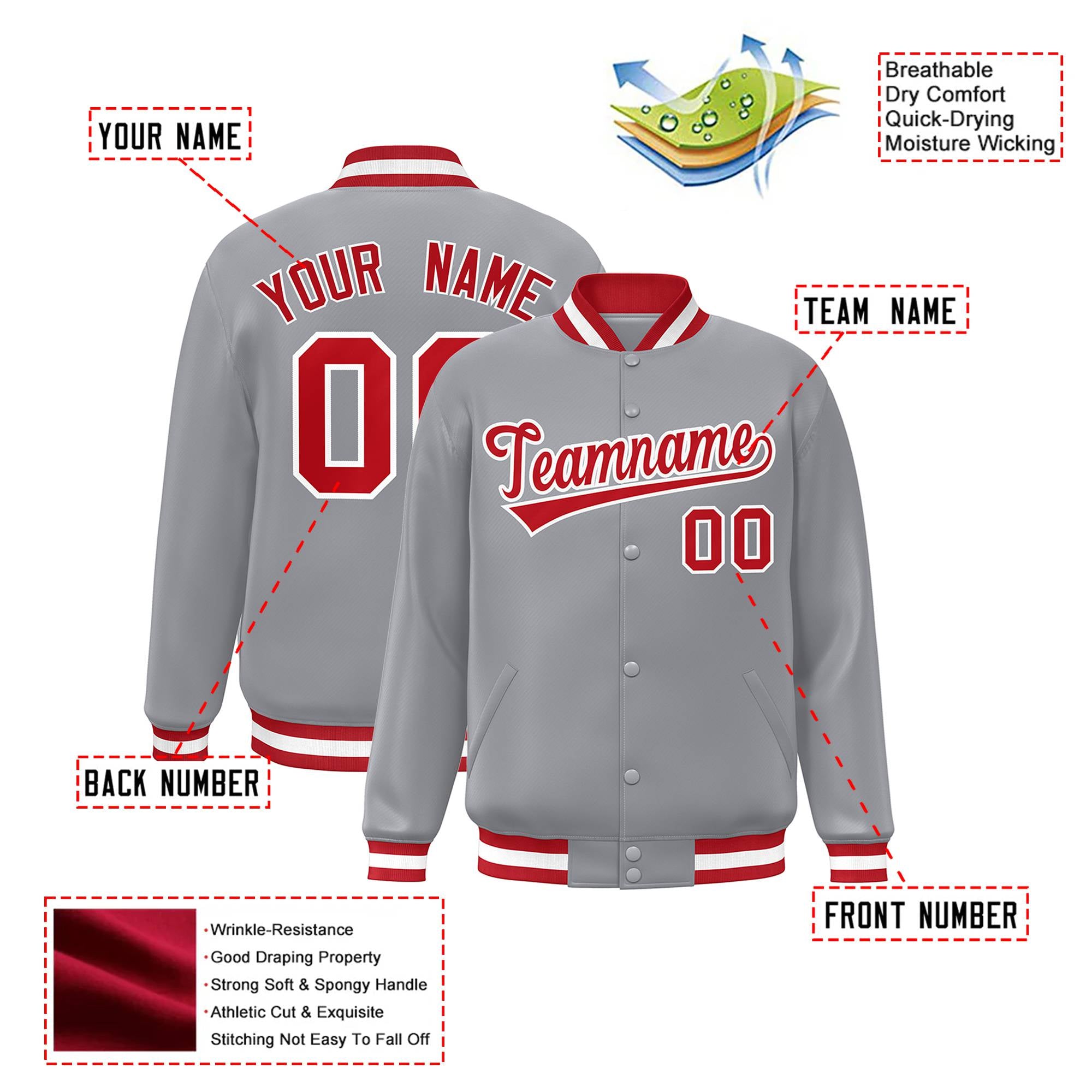 Custom Gray Red-White Bomber Full-Snap Varsity Letterman Jacket