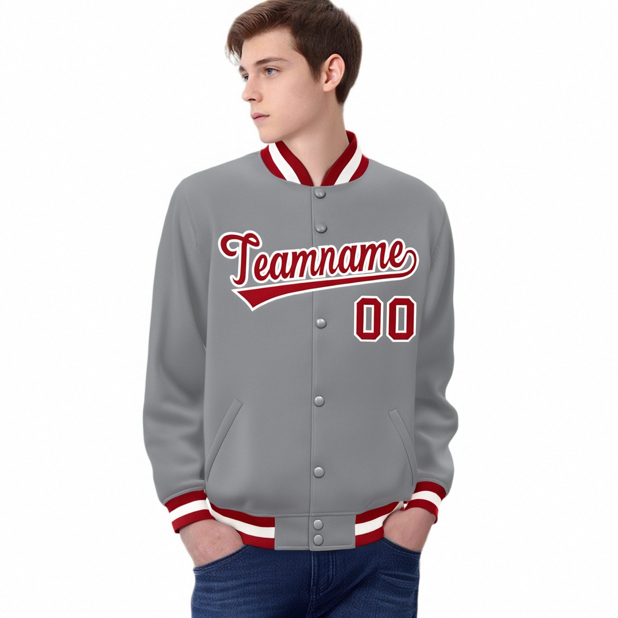 Custom Gray Red-White Bomber Full-Snap Varsity Letterman Jacket