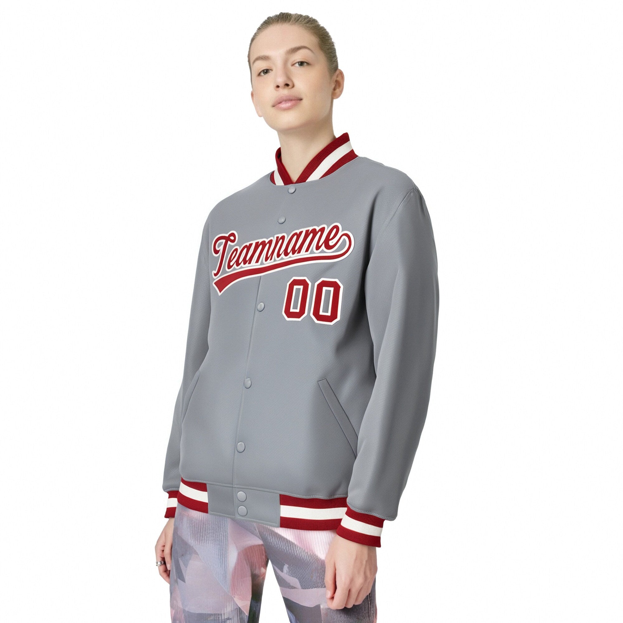 Custom Gray Red-White Bomber Full-Snap Varsity Letterman Jacket