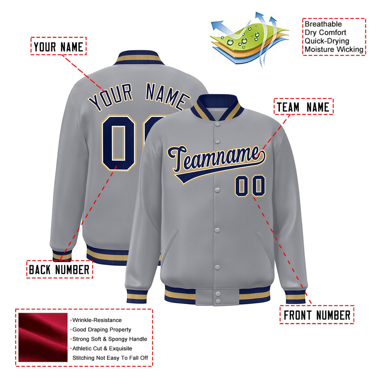 Custom Gray Navy Old-Gold Bomber Full-Snap Varsity Letterman Jacket