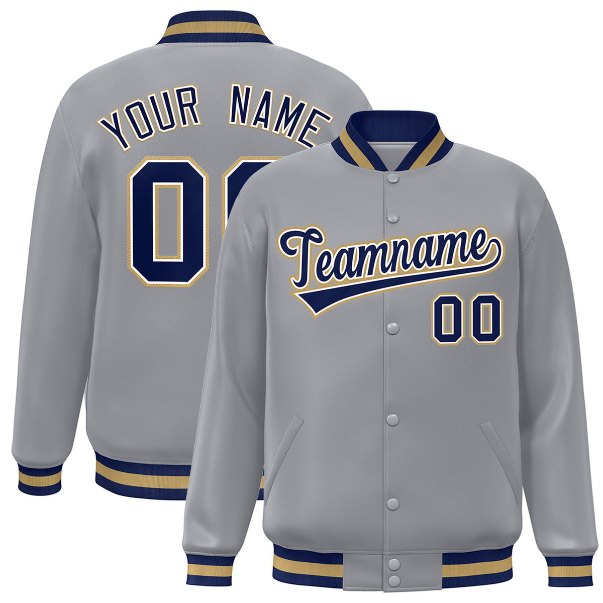 Custom Gray Navy Old-Gold Bomber Full-Snap Varsity Letterman Jacket