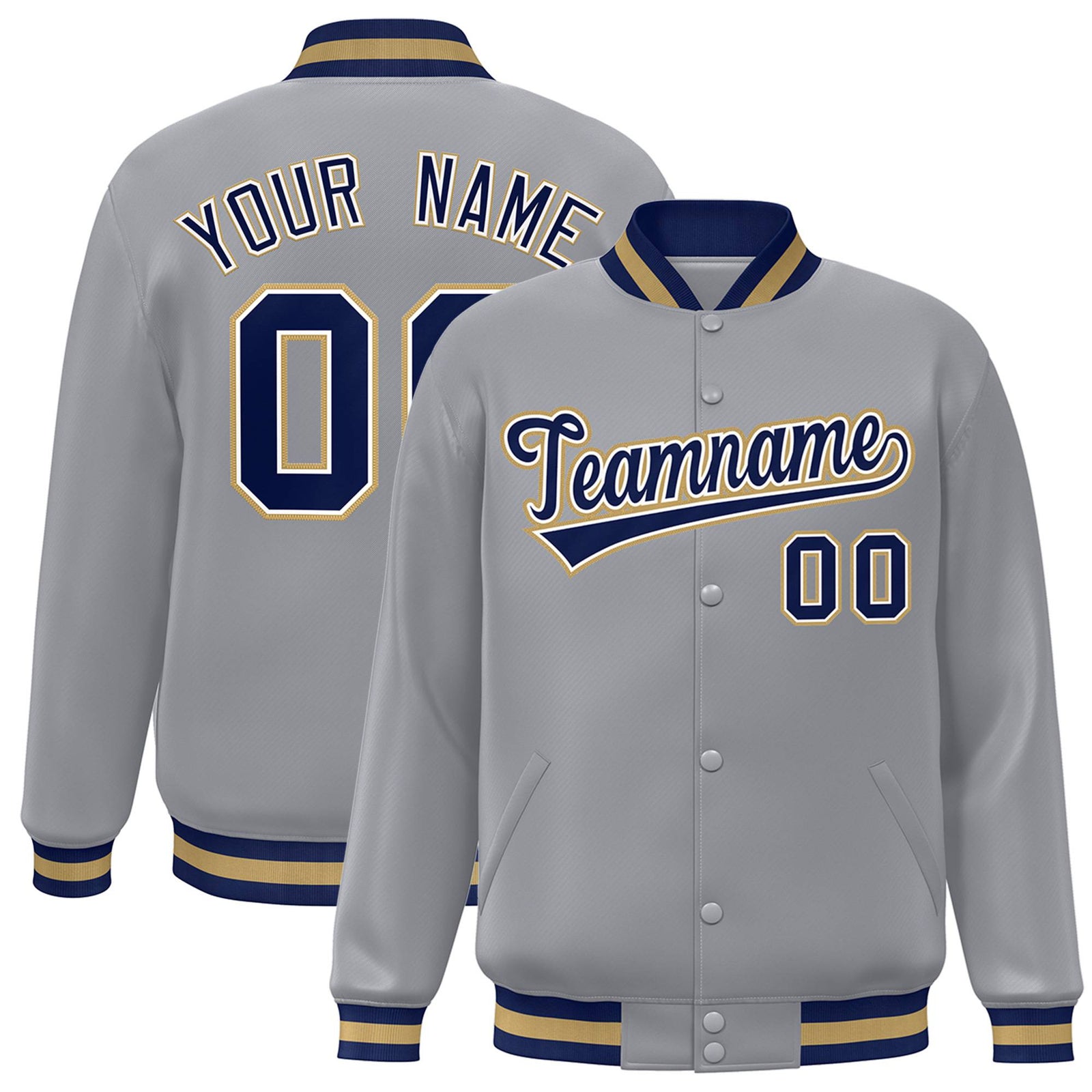 Custom Gray Navy Old-Gold Bomber Full-Snap Varsity Letterman Jacket