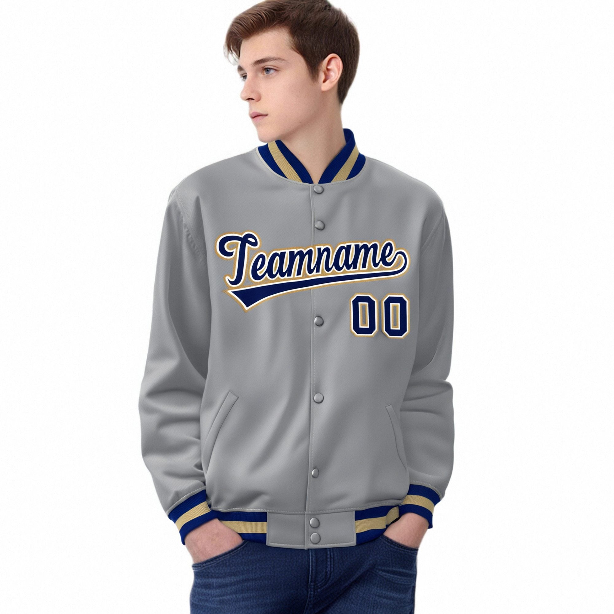 Custom Gray Navy Old-Gold Bomber Full-Snap Varsity Letterman Jacket