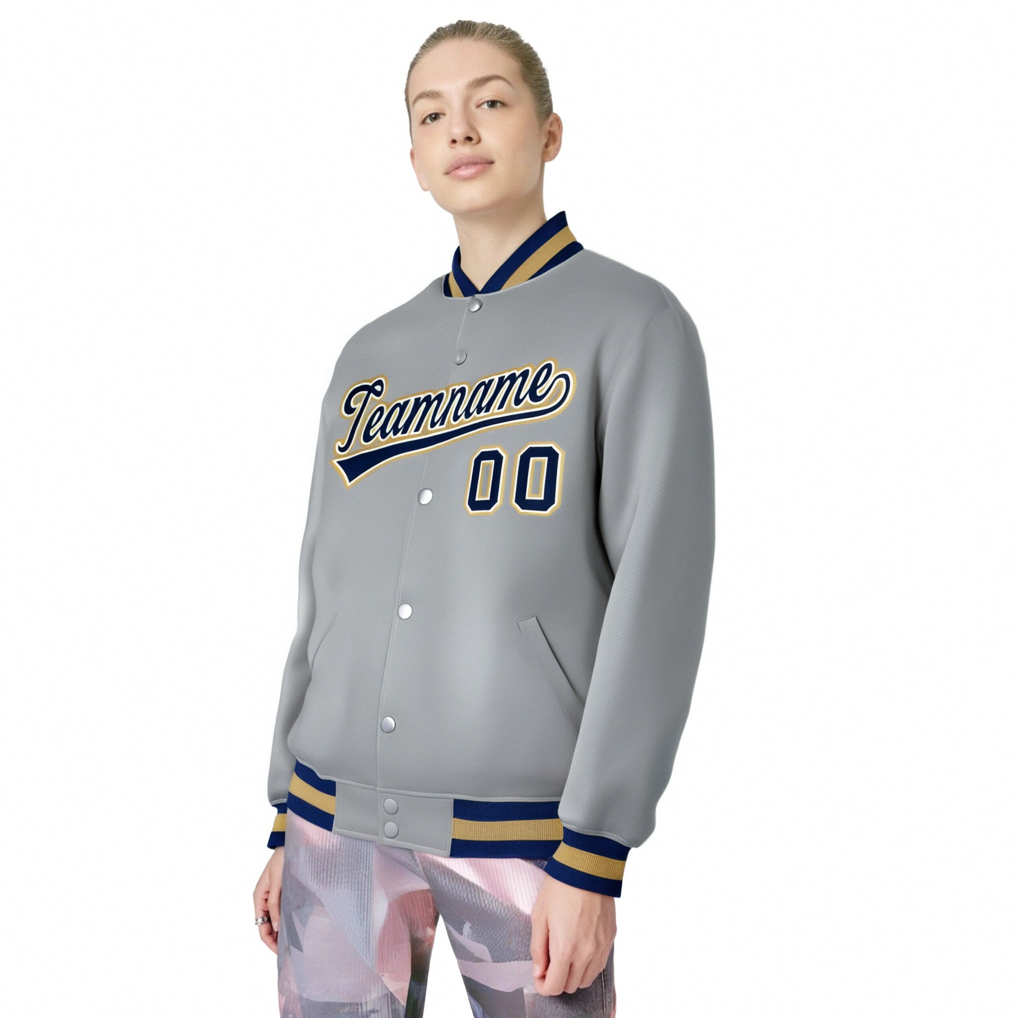 Custom Gray Navy Old-Gold Bomber Full-Snap Varsity Letterman Jacket