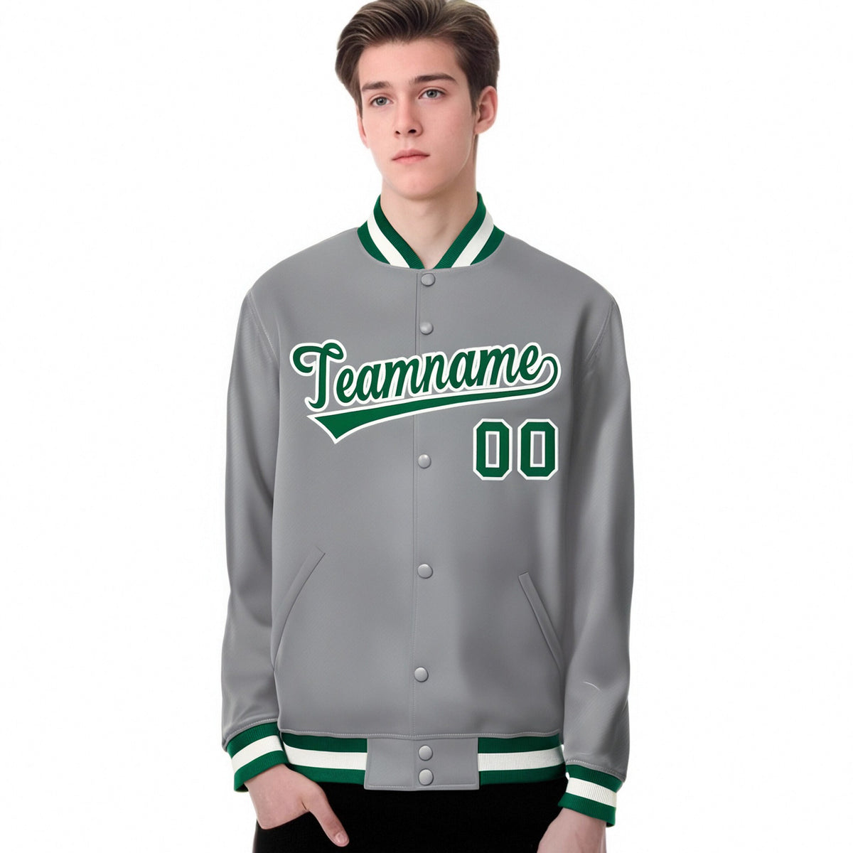 Custom Gray Neon-Green White Bomber Full-Snap Varsity Letterman Jacket
