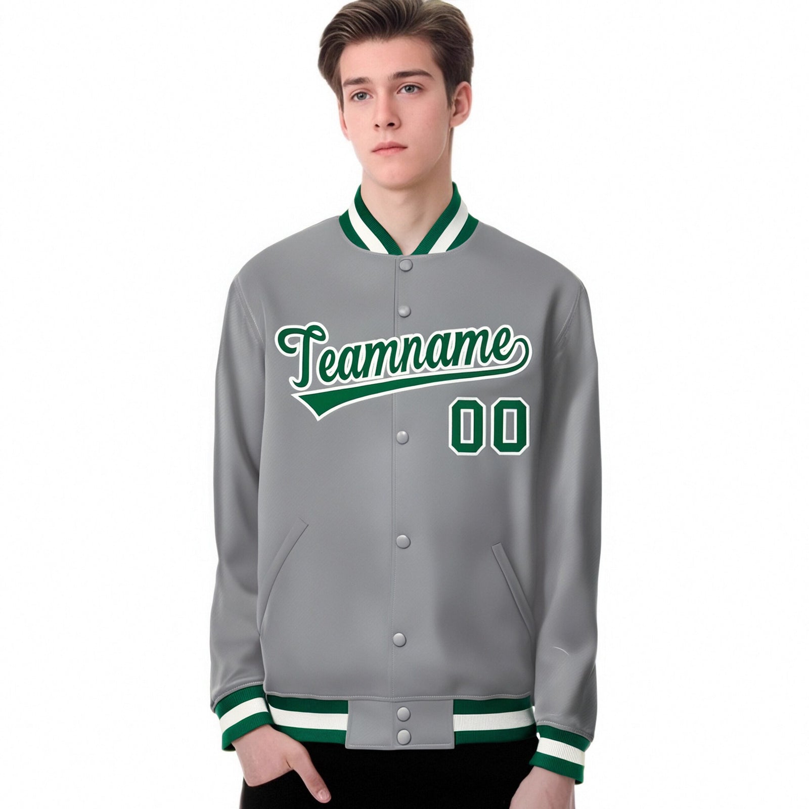 Custom Gray Neon-Green White Bomber Full-Snap Varsity Letterman Jacket