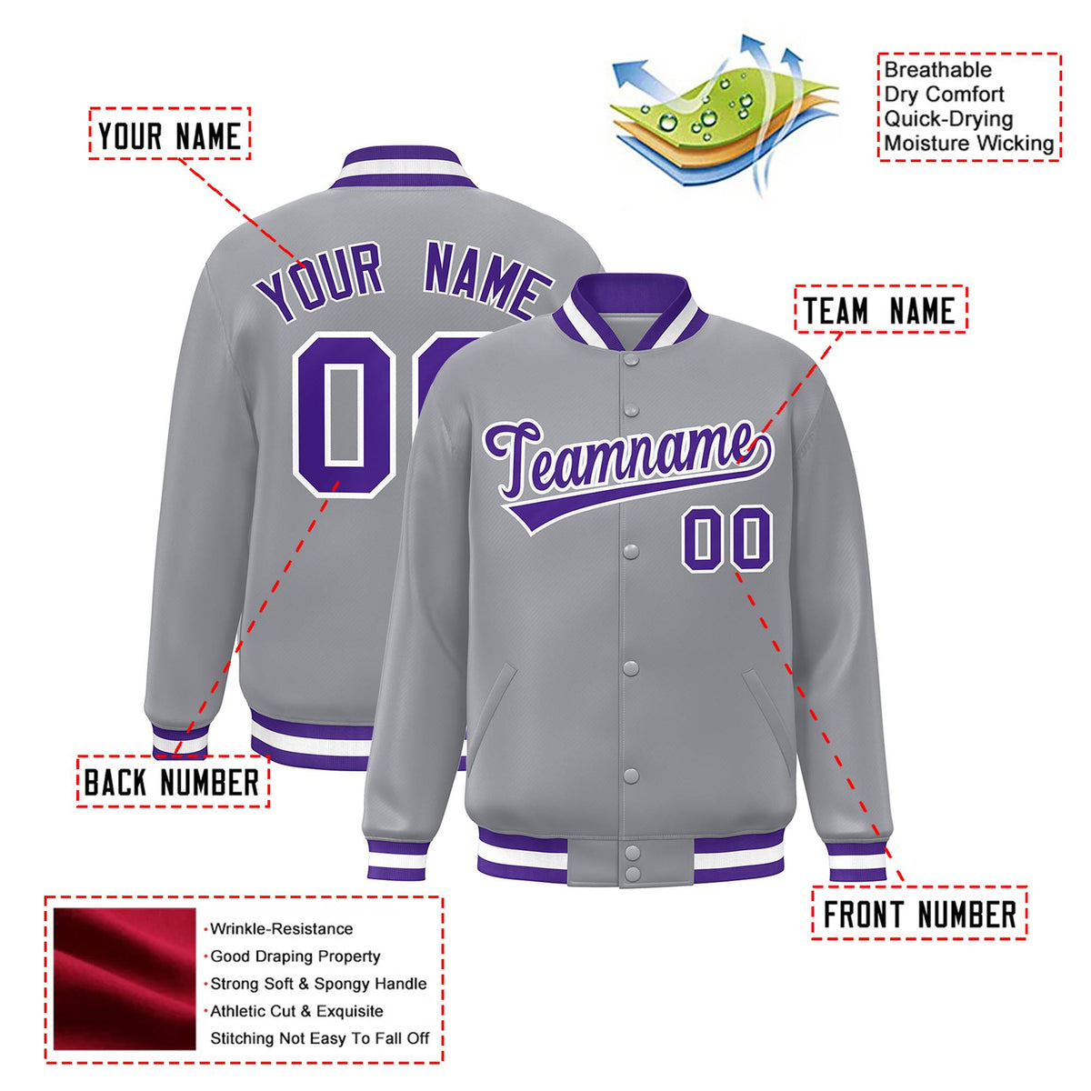 Custom Gray Purple-White Bomber Full-Snap Varsity Letterman Jacket