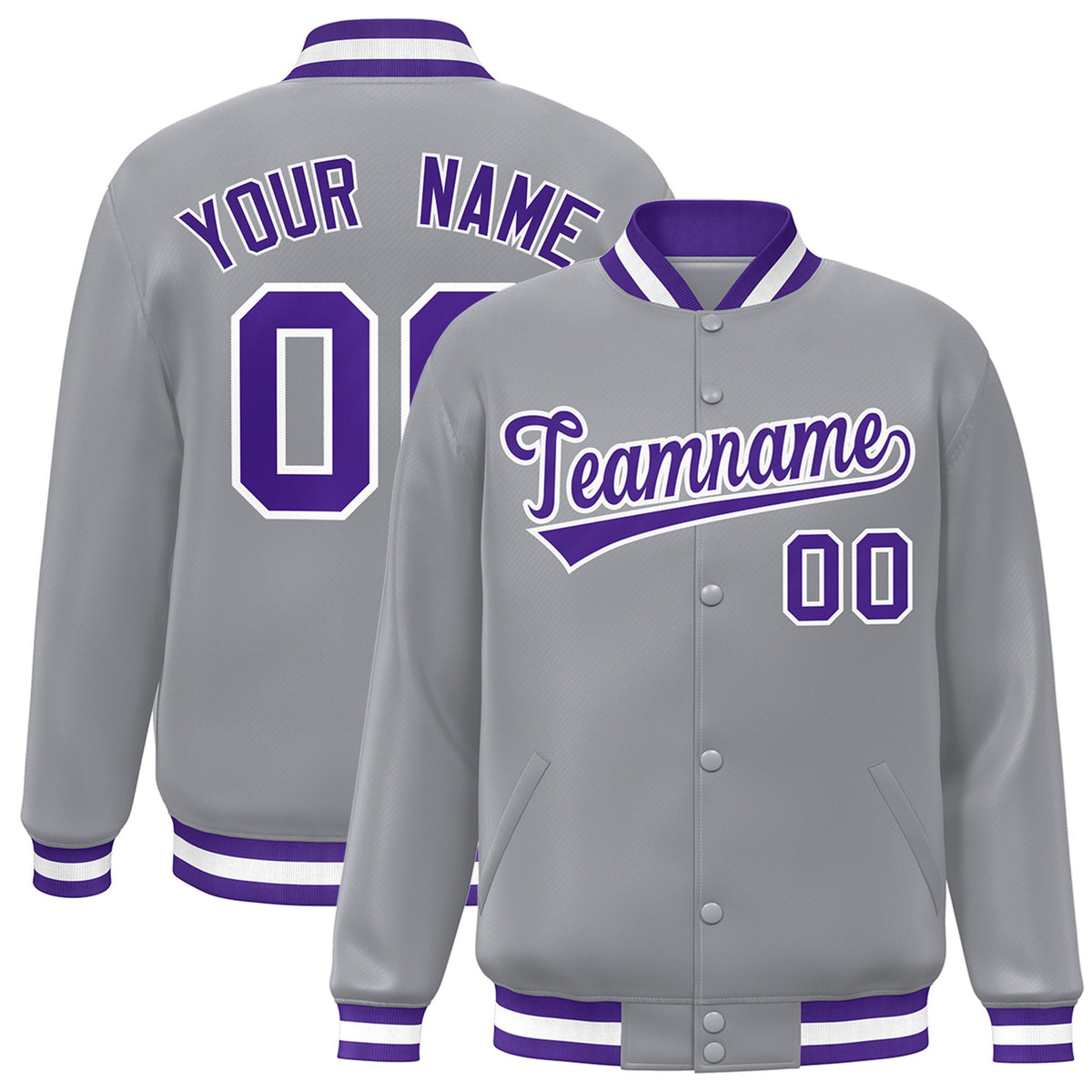 Custom Gray Purple-White Bomber Full-Snap Varsity Letterman Jacket
