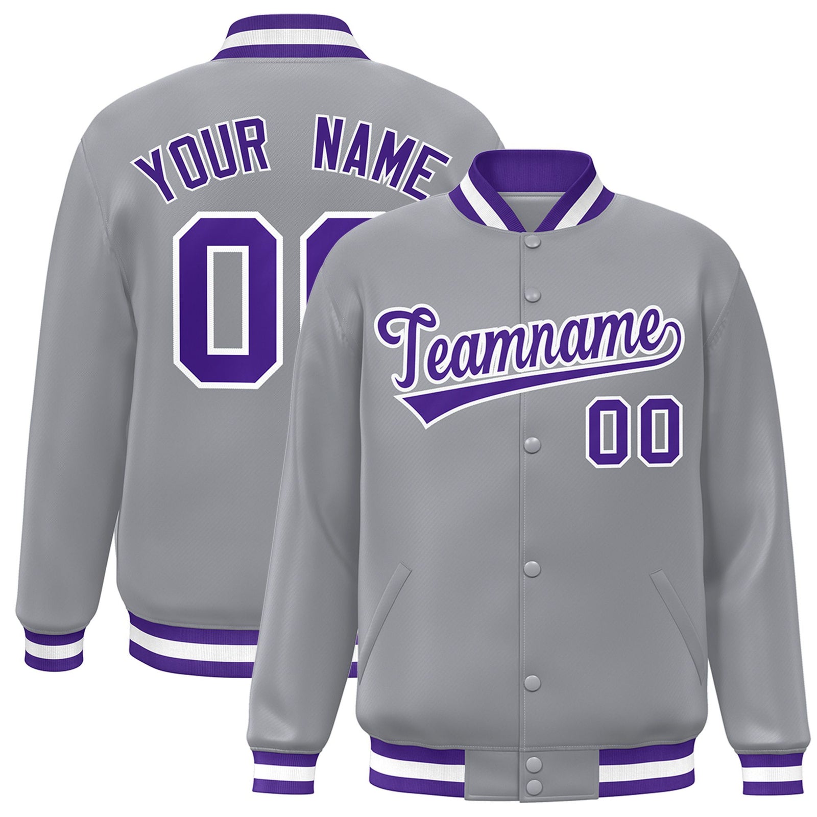 Custom Gray Purple-White Bomber Full-Snap Varsity Letterman Jacket