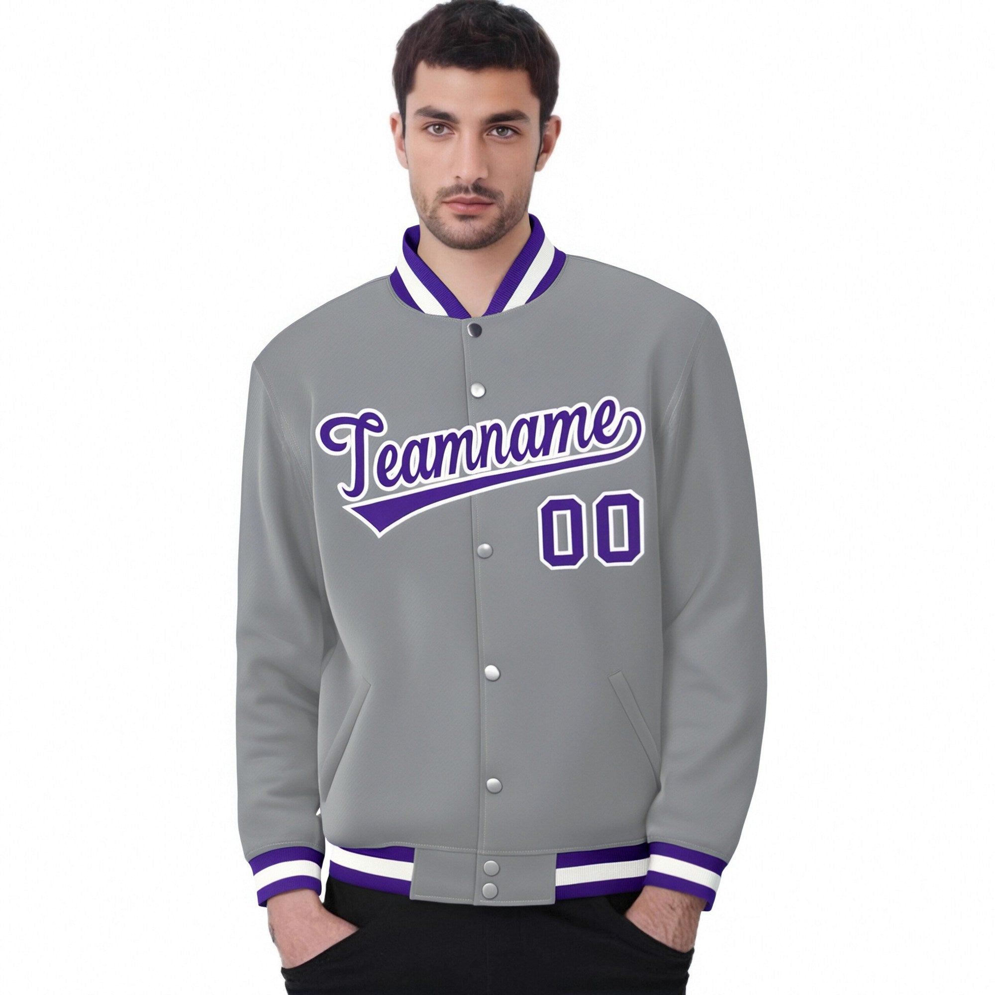 Custom Gray Purple-White Bomber Full-Snap Varsity Letterman Jacket