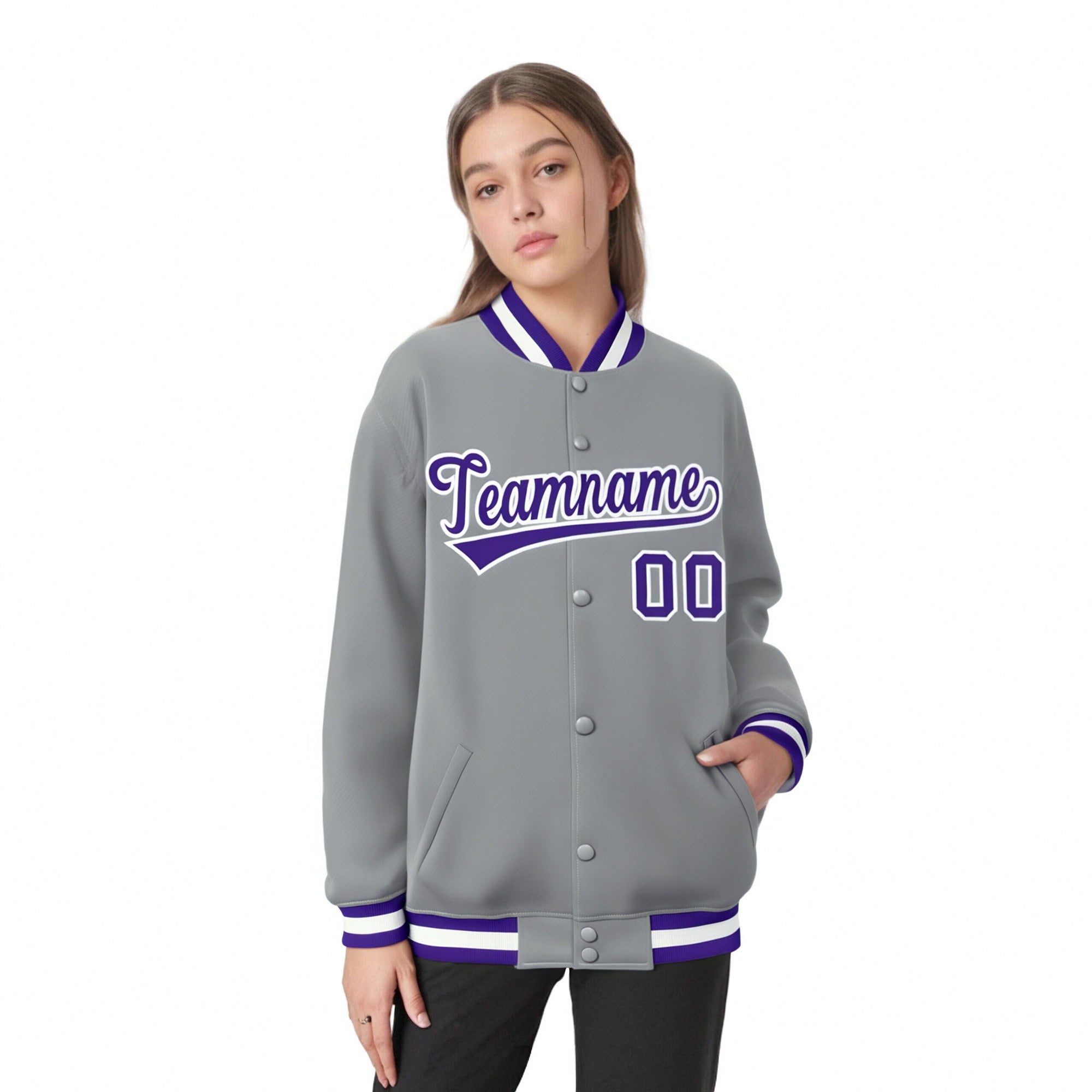 Custom Gray Purple-White Bomber Full-Snap Varsity Letterman Jacket