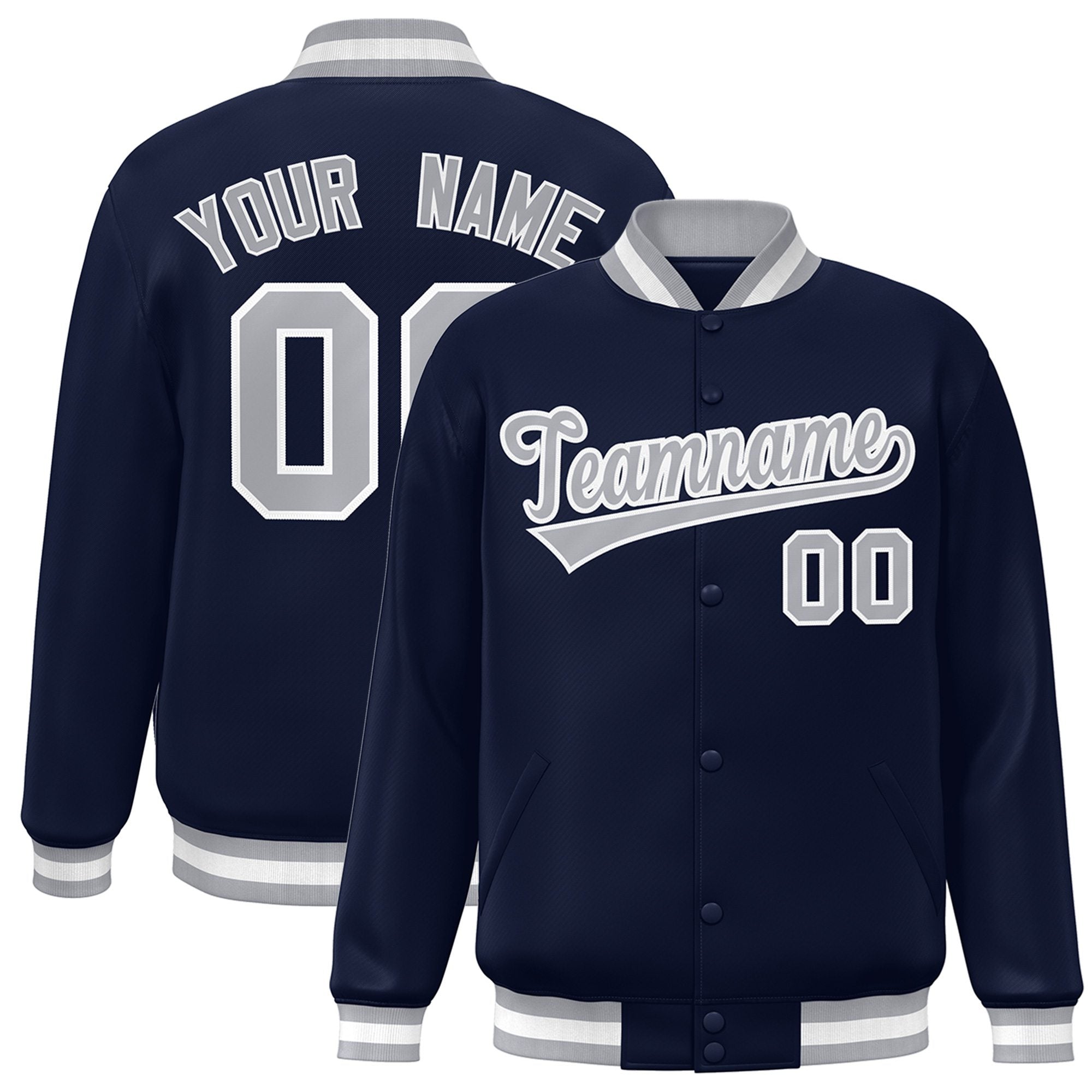 Custom Navy Gray-White Bomber Full-Snap Varsity Letterman Jacket