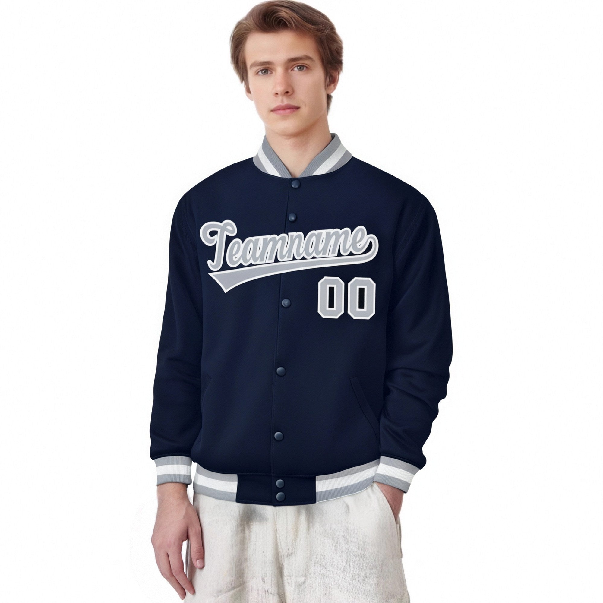 Custom Navy Gray-White Bomber Full-Snap Varsity Letterman Jacket