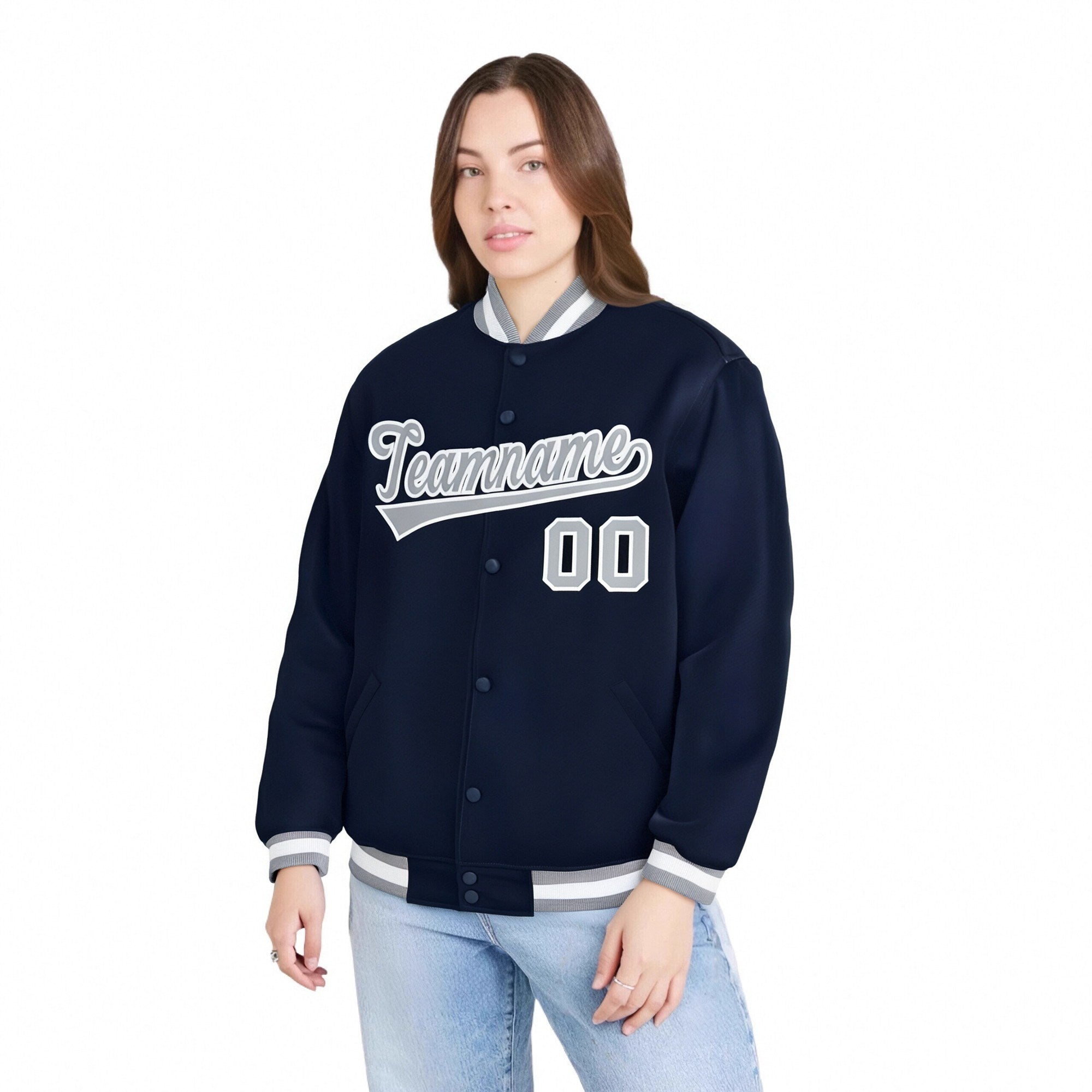 Custom Navy Gray-White Bomber Full-Snap Varsity Letterman Jacket