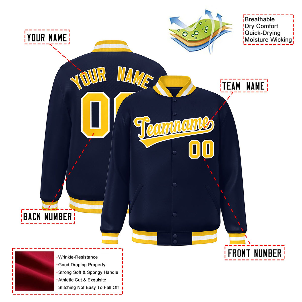 Custom Navy Yellow-White Bomber Full-Snap Varsity Letterman Jacket
