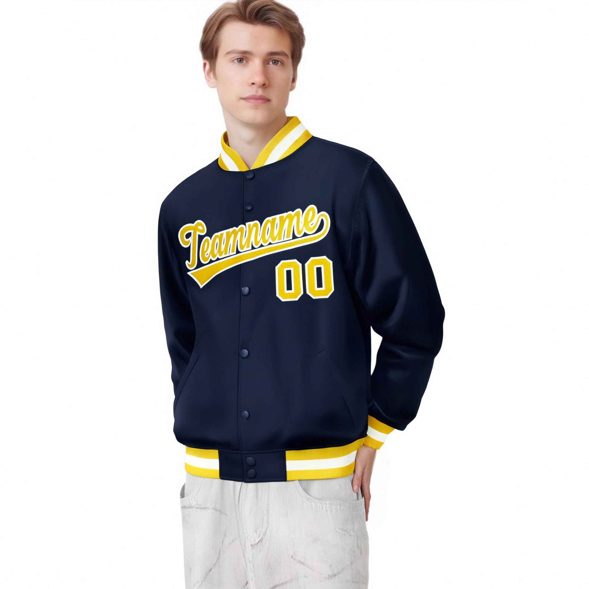 Custom Navy Yellow-White Bomber Full-Snap Varsity Letterman Jacket