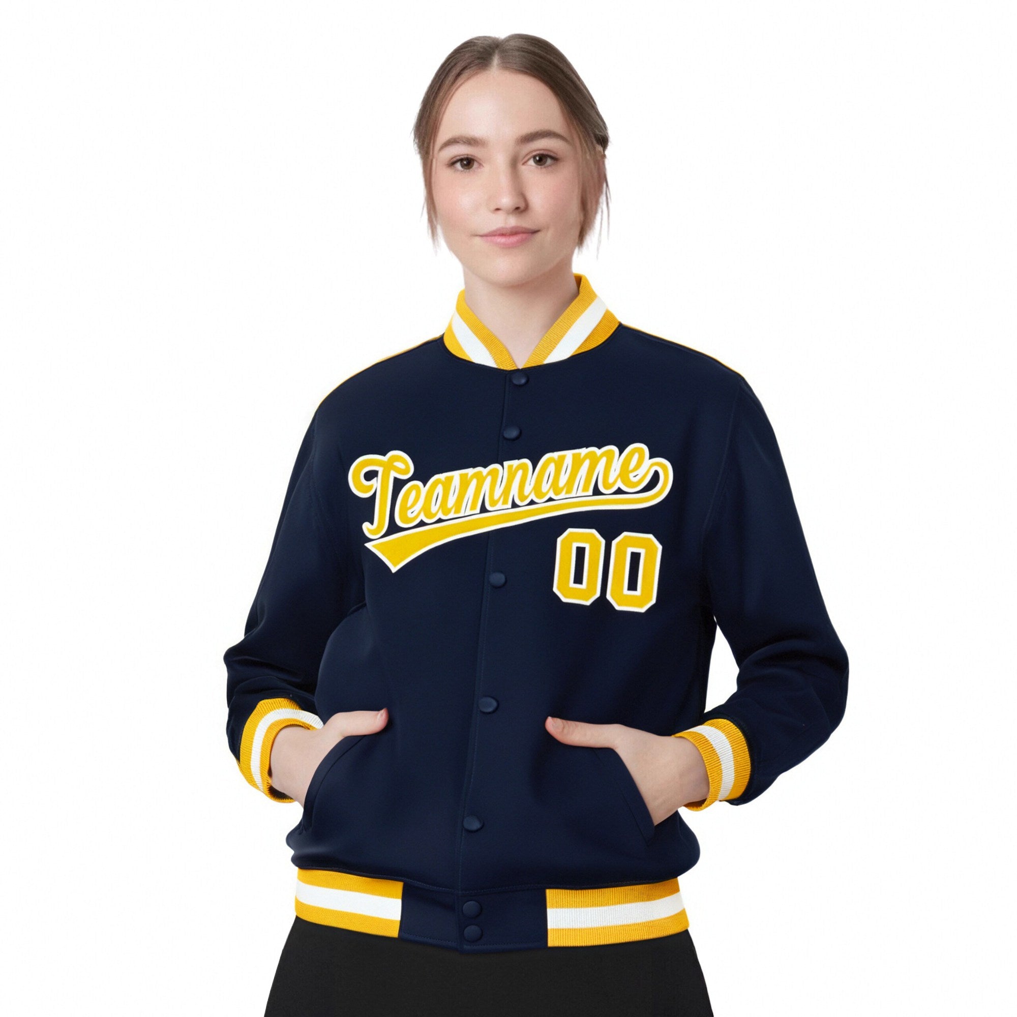 Custom Navy Yellow-White Bomber Full-Snap Varsity Letterman Jacket