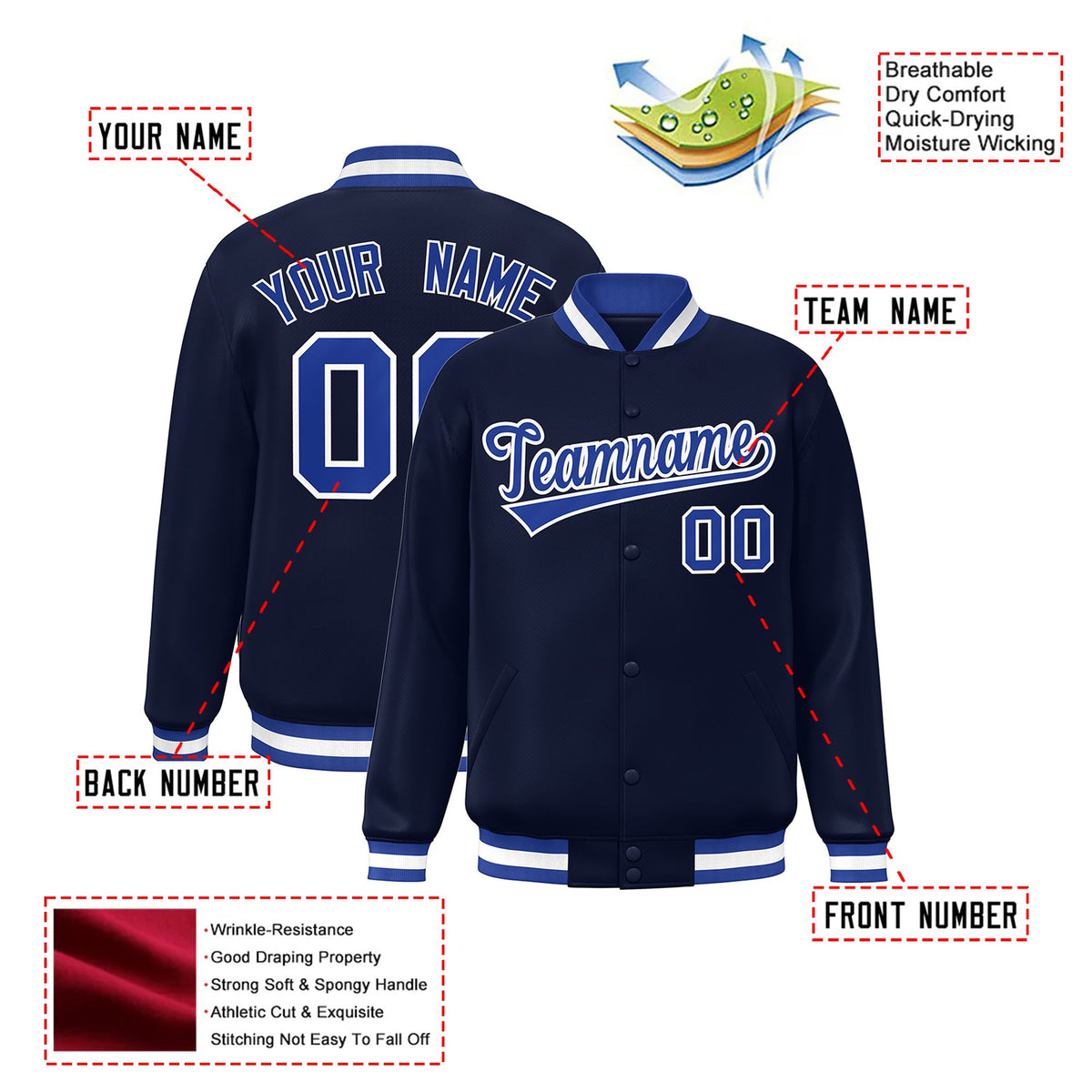 Custom Navy Royal-Blue White Bomber Full-Snap Varsity Letterman Jacket