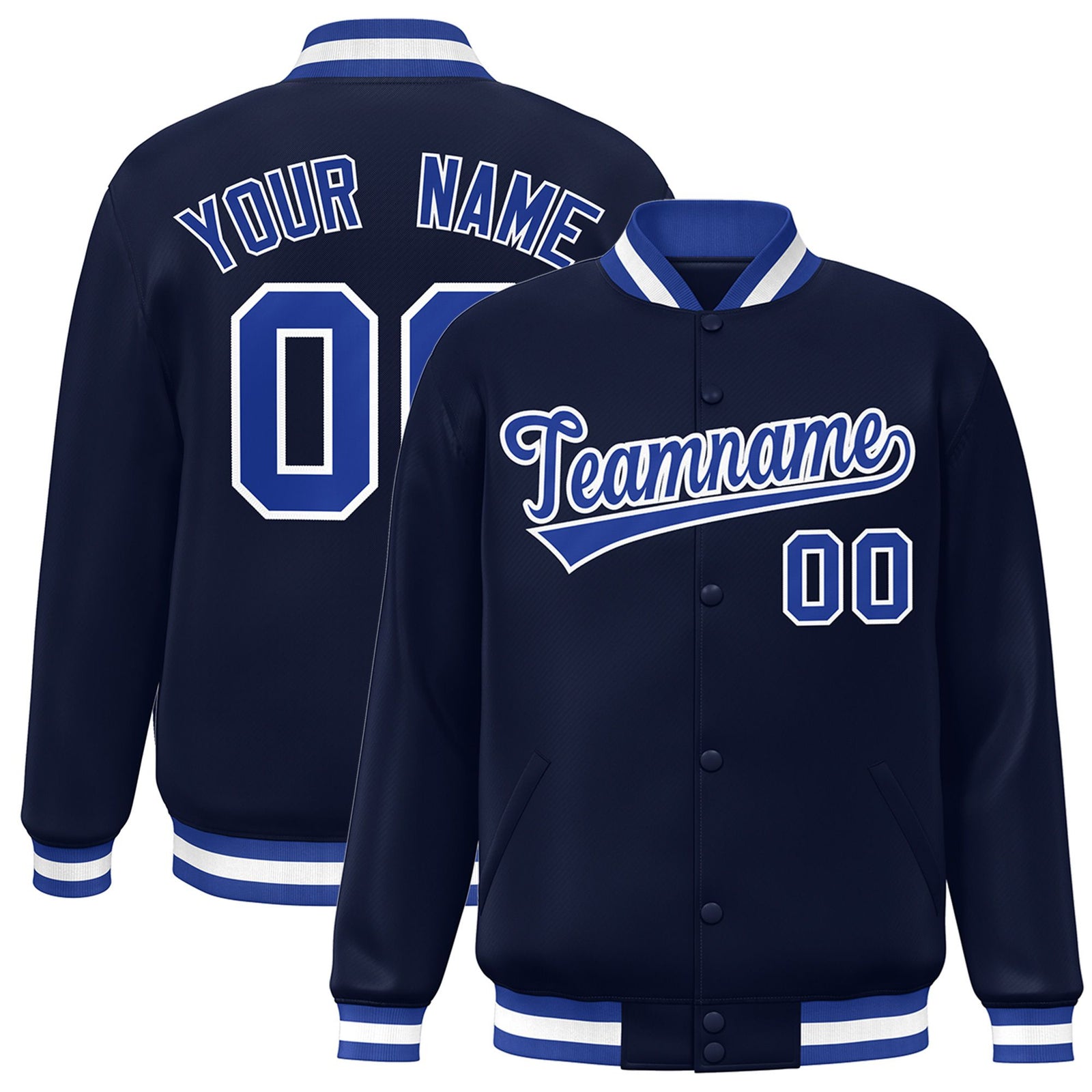 Custom Navy Royal-Blue White Bomber Full-Snap Varsity Letterman Jacket