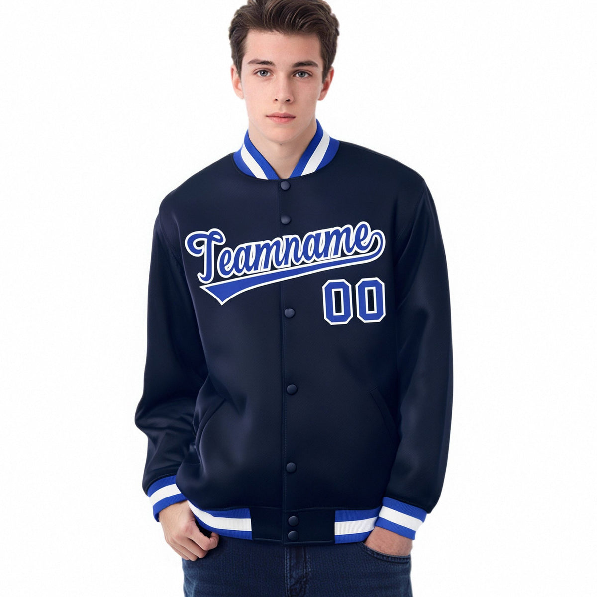 Custom Navy Royal-Blue White Bomber Full-Snap Varsity Letterman Jacket