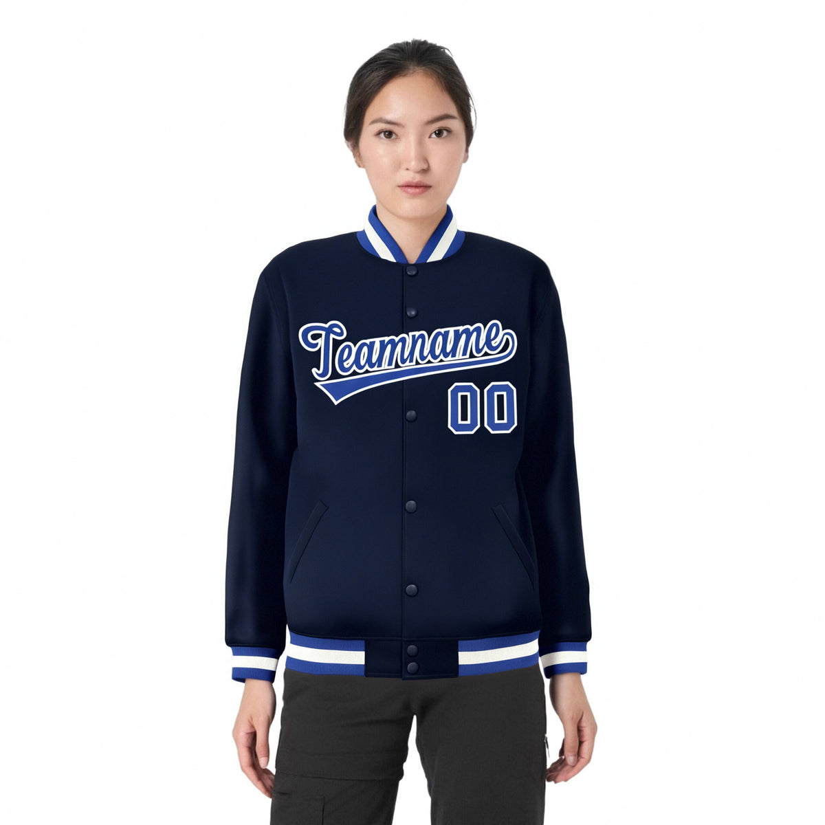 Custom Navy Royal-Blue White Bomber Full-Snap Varsity Letterman Jacket