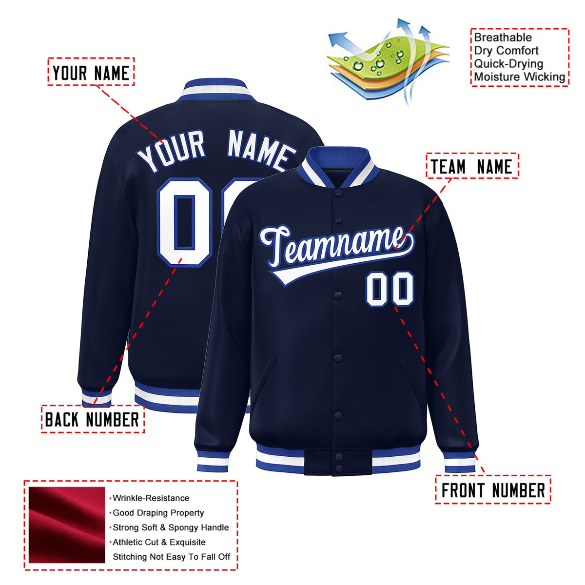 Custom Navy White Royal-Blue Bomber Full-Snap Varsity Letterman Jacket