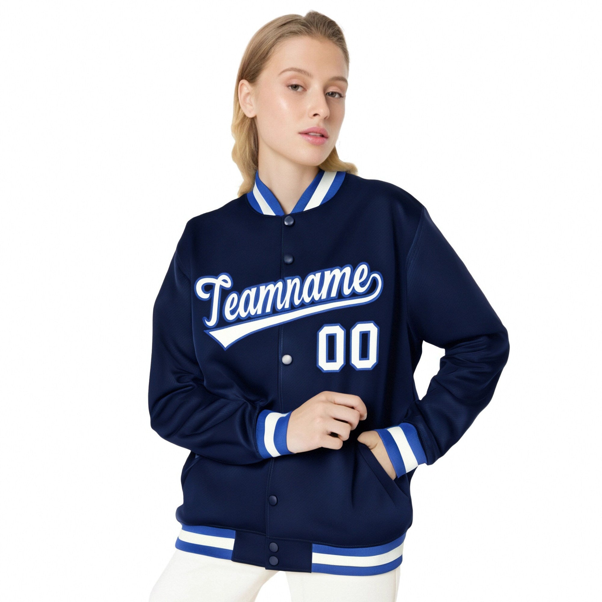 Custom Navy White Royal-Blue Bomber Full-Snap Varsity Letterman Jacket