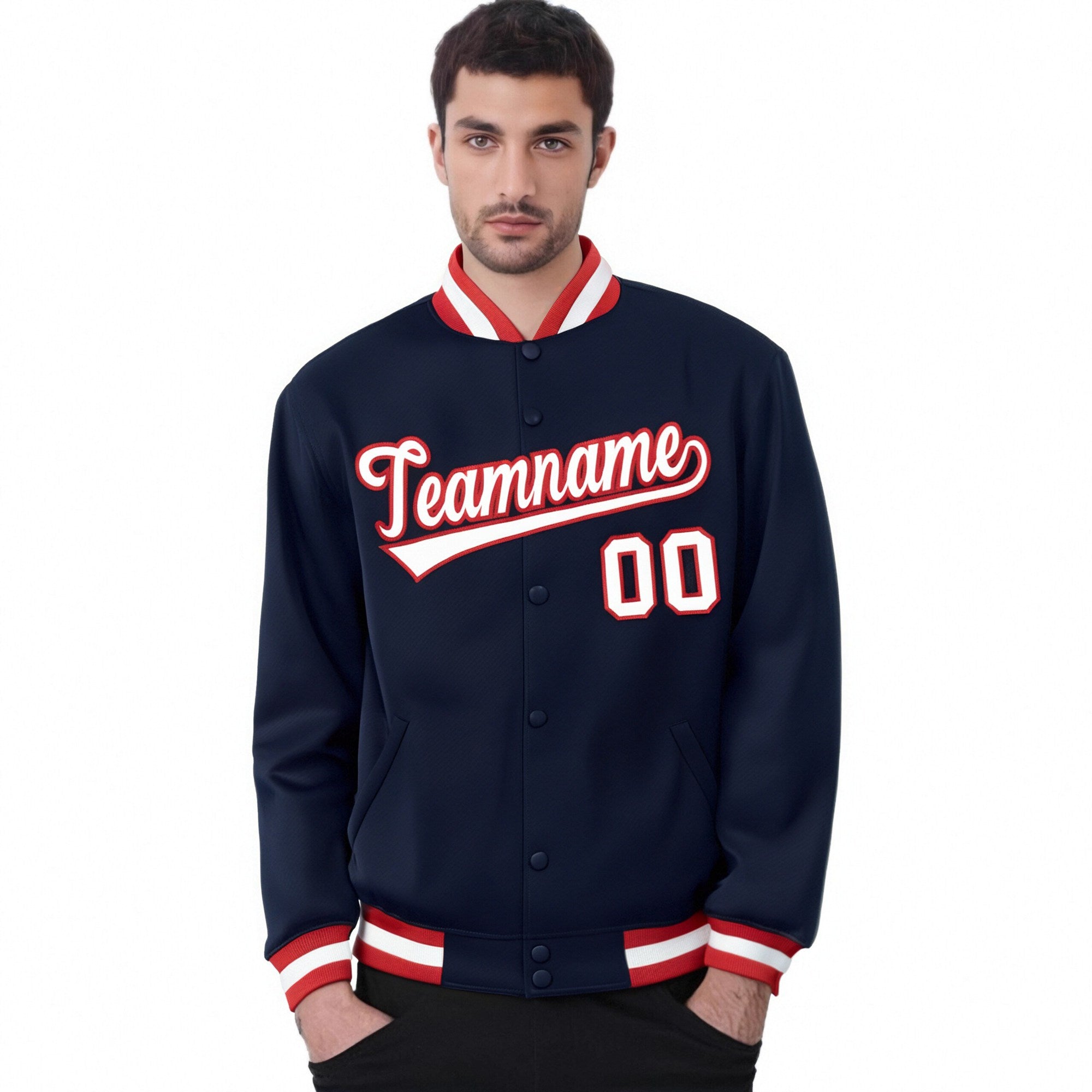 Custom Navy White Red Bomber Full-Snap Varsity Letterman Jacket