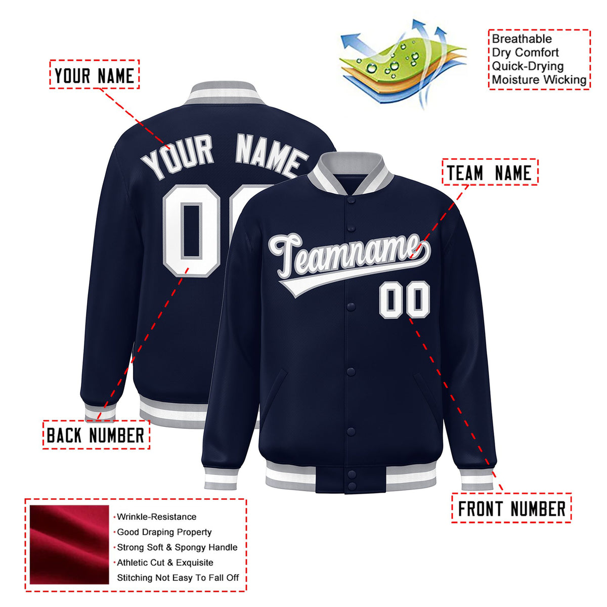 Custom Navy White Gray Bomber Full-Snap Varsity Letterman Jacket