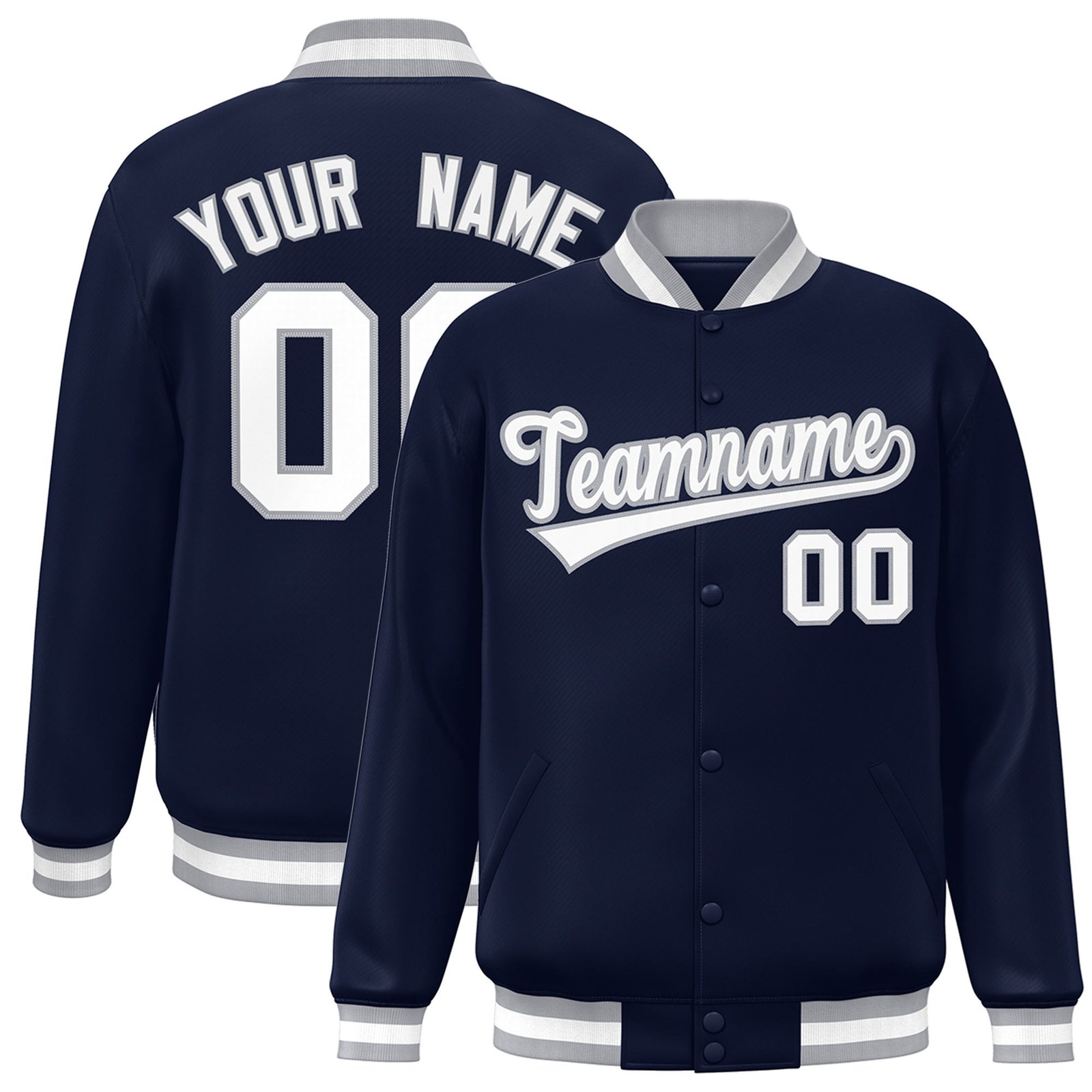 Custom Navy White Gray Bomber Full-Snap Varsity Letterman Jacket