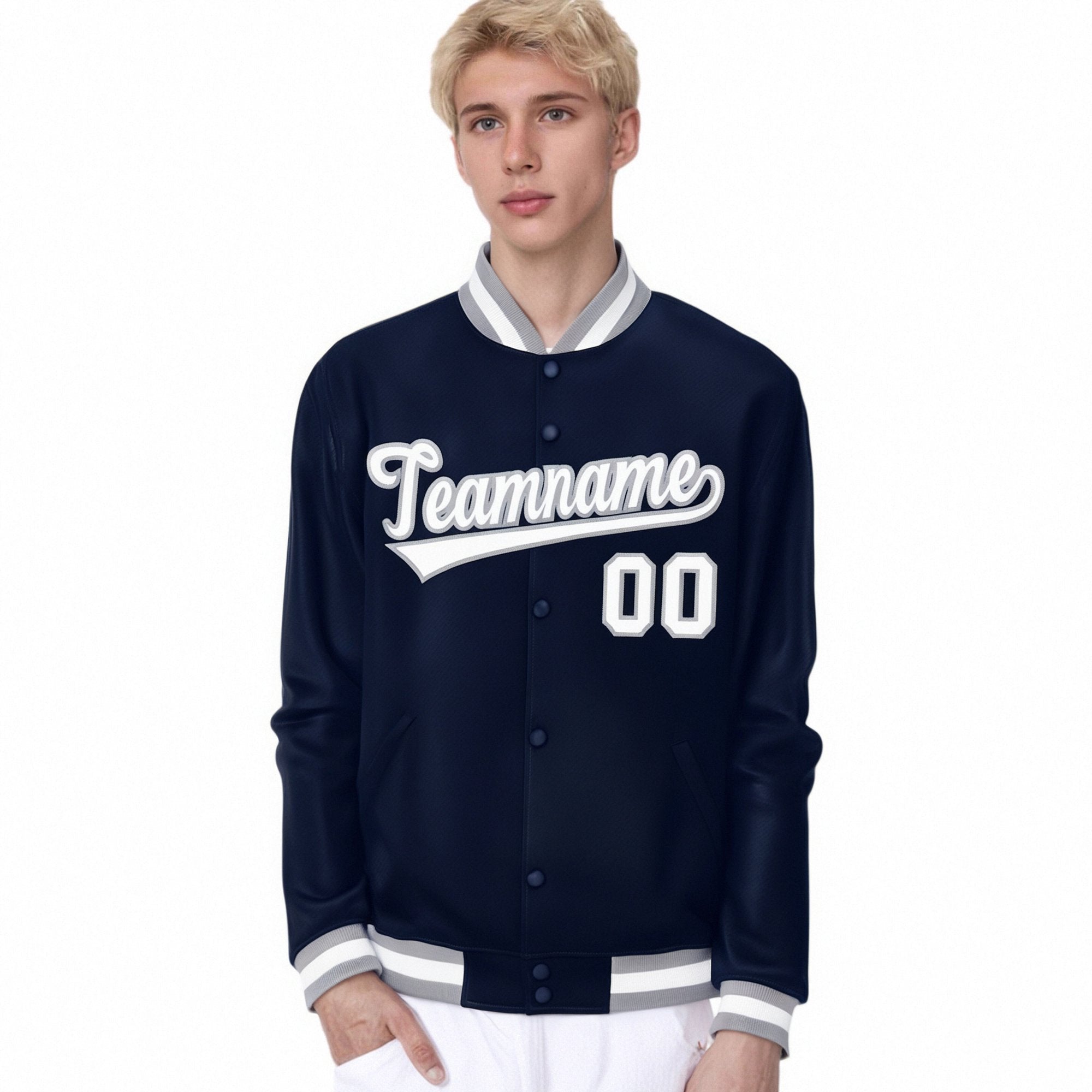 Custom Navy White Gray Bomber Full-Snap Varsity Letterman Jacket